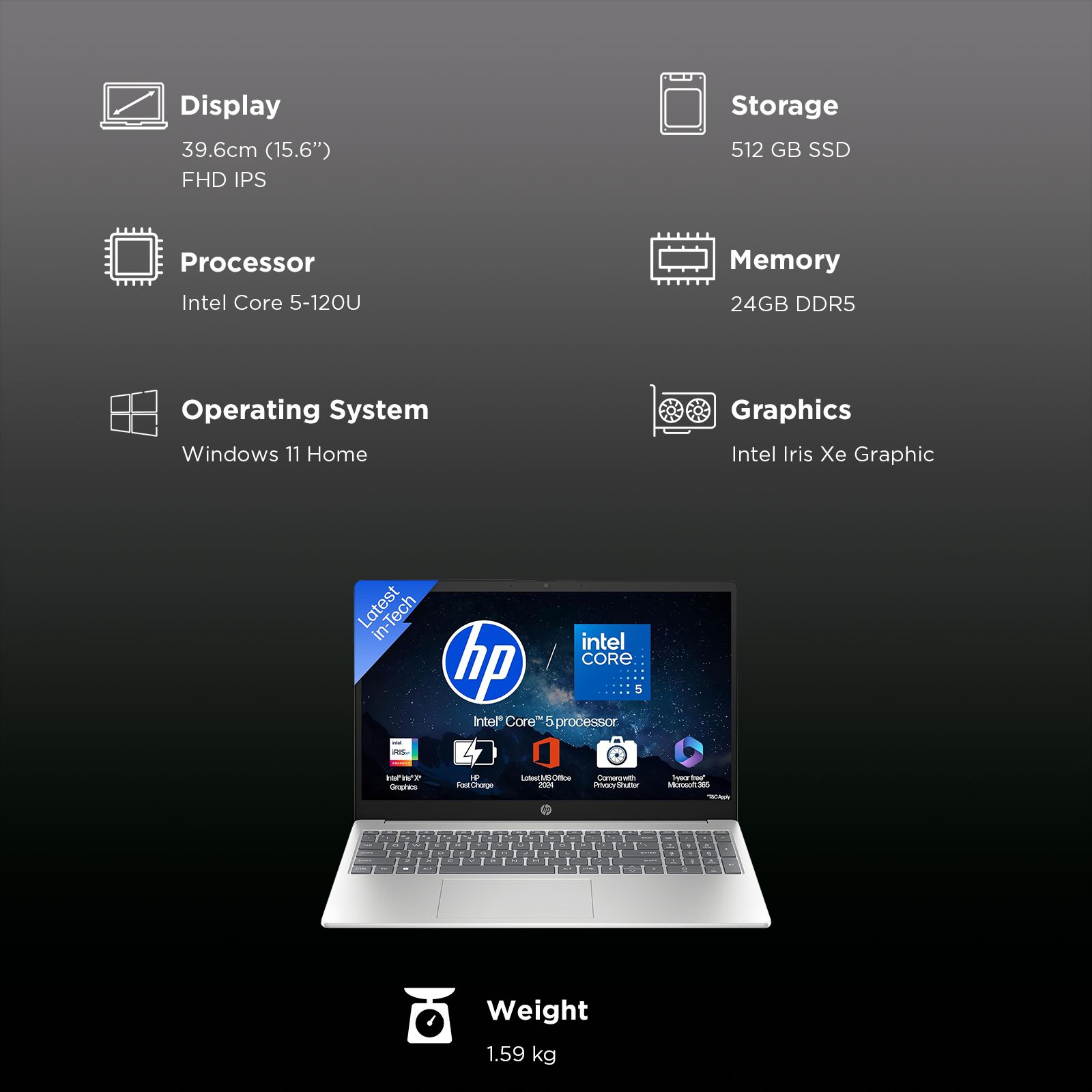 HP 15-hr0124TU Intel Core 5 120U Thin & Light Laptop (24GB, 512GB SSD, Windows 11 Home, 15.6 inch Full HD IPS Display, MS Office 2024, Natural Silver, 1.59 KG) HP 15-hr0124TU Intel Core 5 120U Thin & Light Laptop (24GB, 512GB SSD, Windows 11 Home, 15.6 inch Full HD IPS Display, MS Office 2024, Natural Silver, 1.59 KG)_3