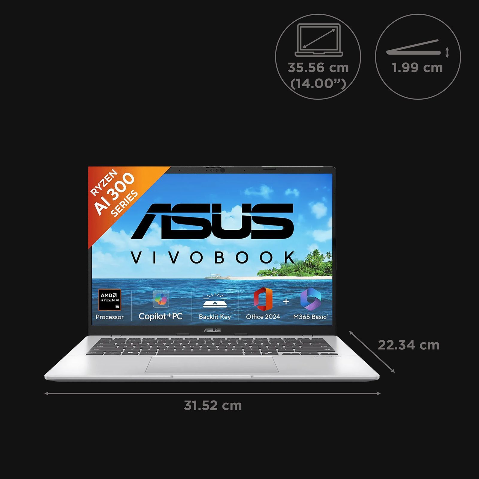 ASUS Vivobook 14 M1407KA-LY131WS AMD Ryzen AI 5 Thin and Light Laptop (16GB, 512GB SSD, Windows 11 Home, 14 inch Full HD Plus IPS Display, MS Office Home 2024, Cool Silver, 1.46 KG)_2
