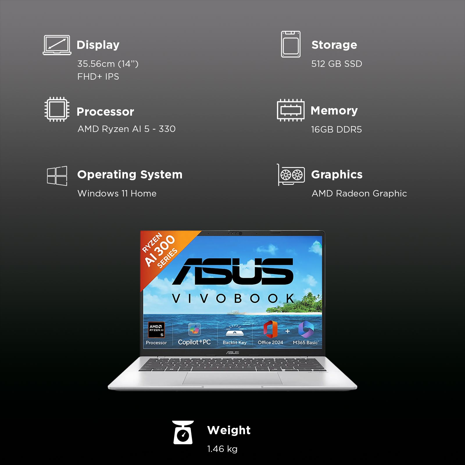 ASUS Vivobook 14 M1407KA-LY131WS AMD Ryzen AI 5 Thin and Light Laptop (16GB, 512GB SSD, Windows 11 Home, 14 inch Full HD Plus IPS Display, MS Office Home 2024, Cool Silver, 1.46 KG)_3