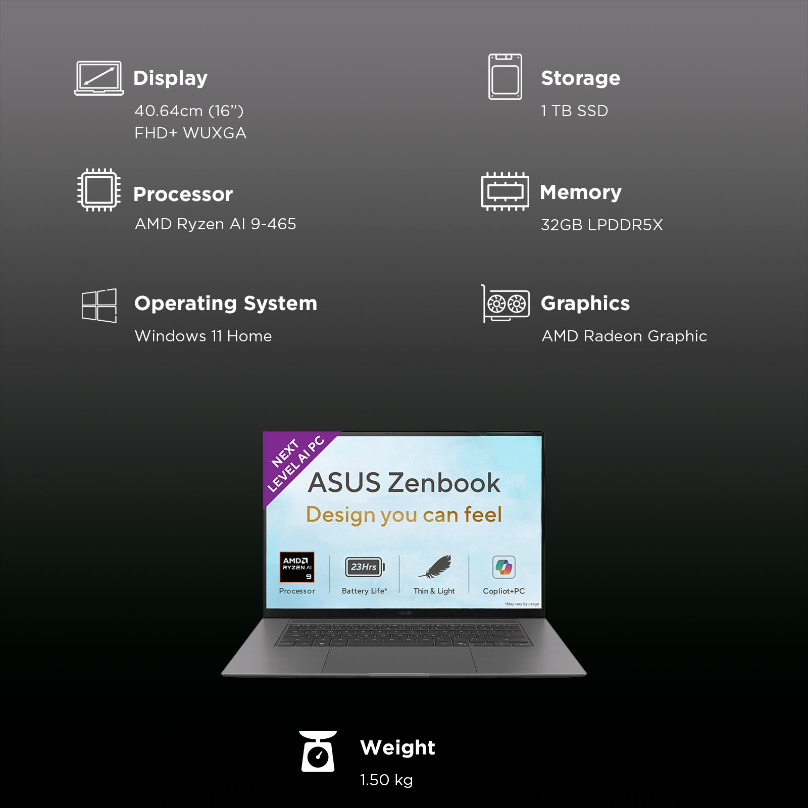 ASUS Zenbook S16 AMD Ryzen AI 9 Touchscreen Thin & Light Laptop (32GB, 1TB SSD, Windows 11 Home, 16 inch 3K OLED Display, MS Office Home 2024, Antrim Gray, 1.5 KG) ASUS Zenbook S16 AMD Ryzen AI 9 Touchscreen Thin & Light Laptop (32GB, 1TB SSD, Windows 11 Home, 16 inch 3K OLED Display, MS Office Home 2024, Antrim Gray, 1.5 KG)_3