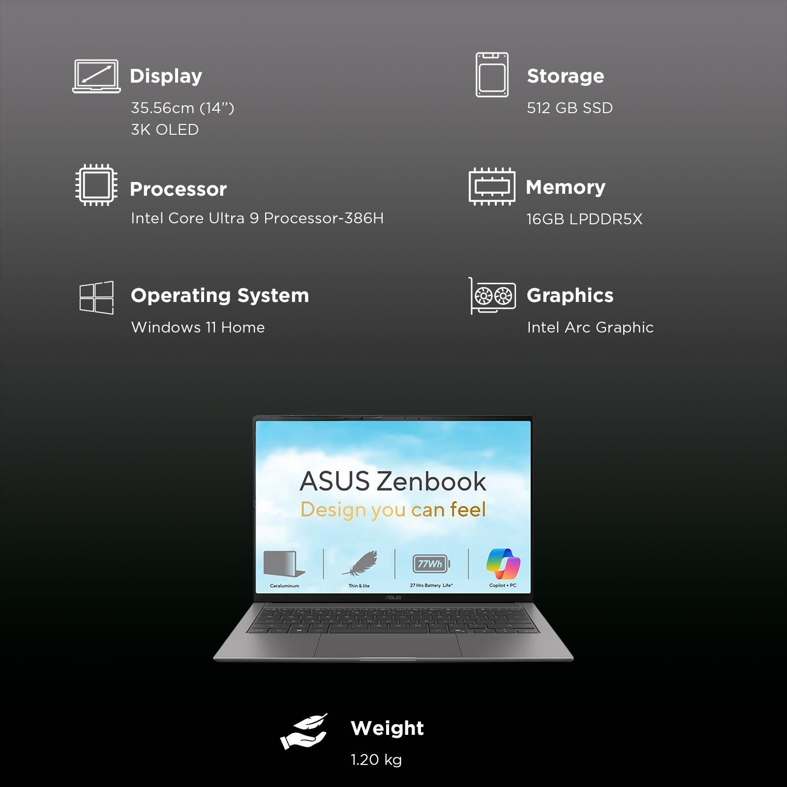 ASUS Zenbook S14 Intel Core Ultra 9 386H Touchscreen Laptop (16GB, 512GB SSD, Windows 11 Home, 14 inch 3K OLED Display, MS Office 2024, Antrim Gray, 1.2 KG)_3
