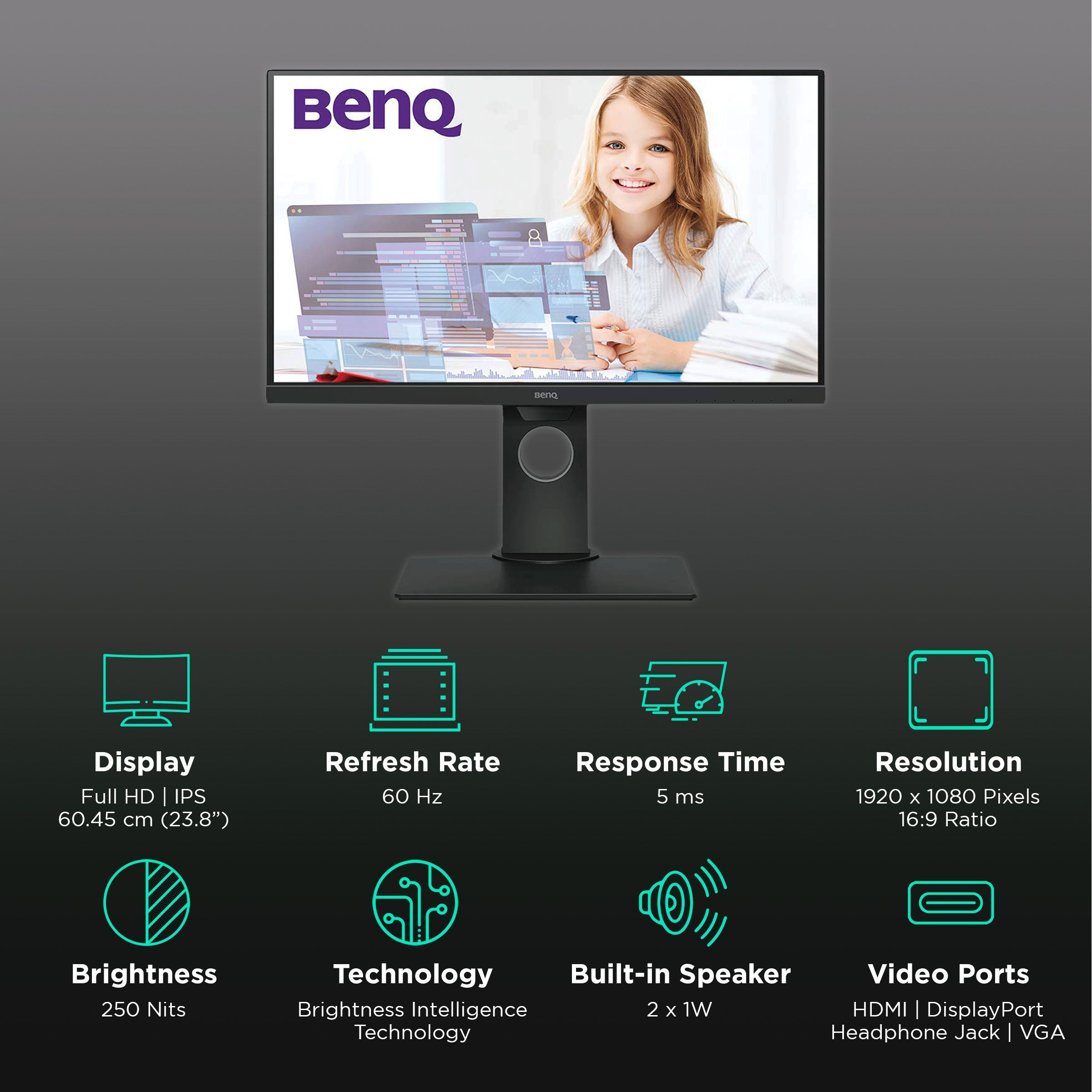 BenQ Home 60.45 cm (23.8 inch) Full HD IPS Panel LED Ultra Slim Bezel Height Adjustable Monitor with Brightness Intelligence Technology_3