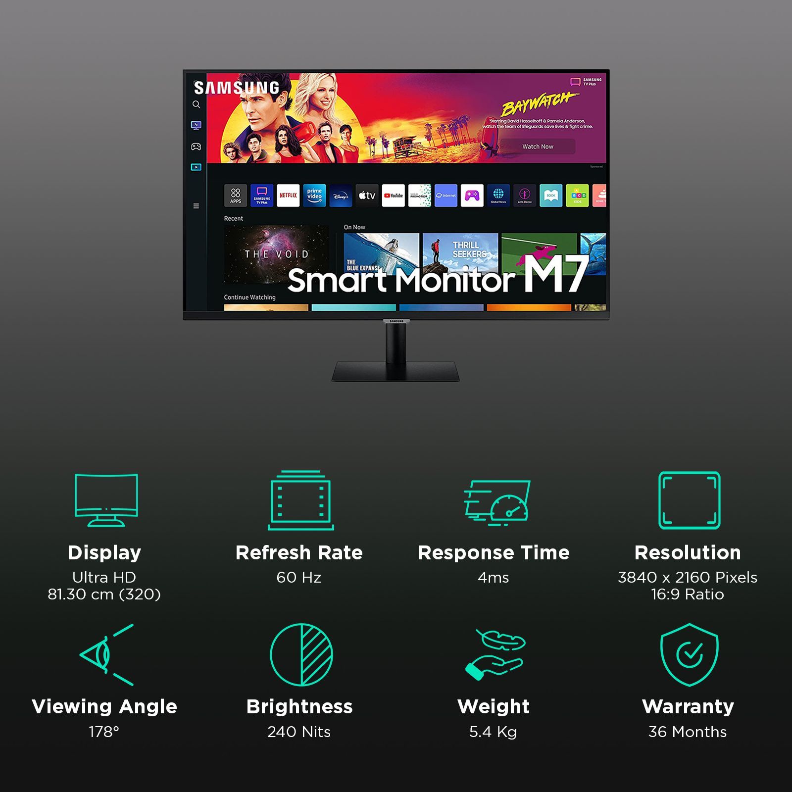 SAMSUNG 81.3 cm (32 inch) Ultra HD Flat Monitor (Auto Source Switch, 60Hz, LS32BM700UWXXL, Black)_3