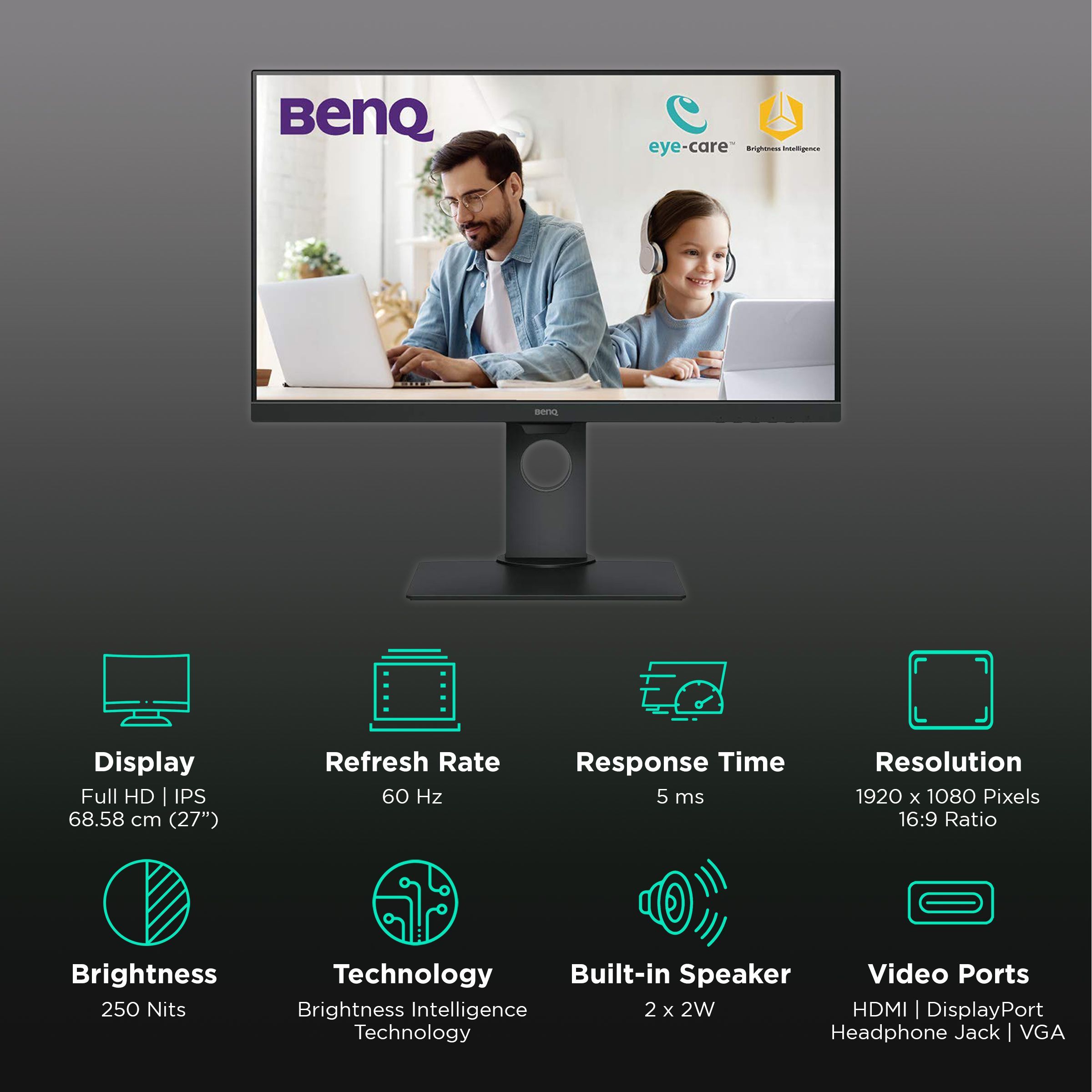 BenQ Home 68.58 cm (27 inch) Full HD IPS Panel LED Ultra Slim Bezel Height Adjustable Monitor with Brightness Intelligence Technology_3