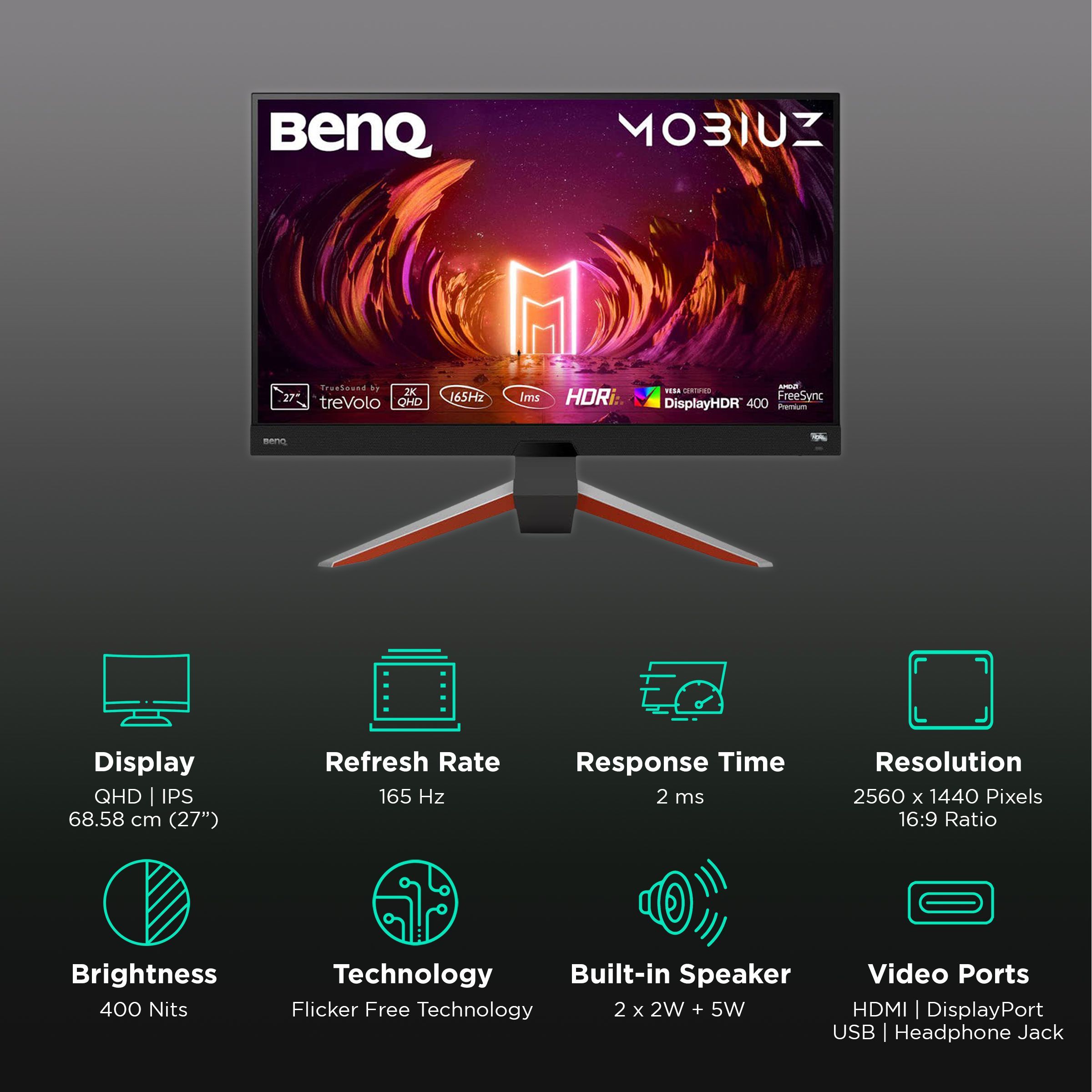 BenQ MOBIUZ 68.58 cm (27 inch) QHD IPS Panel LED Bezel-Less Height Adjustable Gaming Monitor with Flicker-Free Technology_3