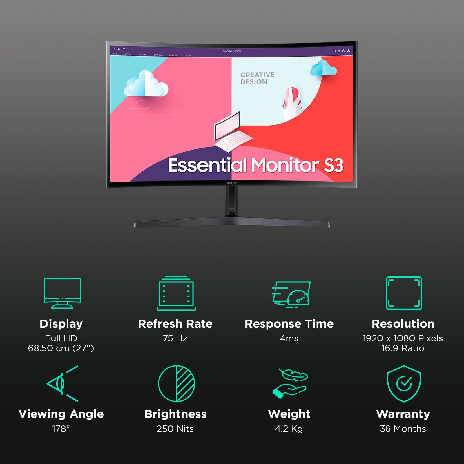 SAMSUNG Essential S3 68.5 cm (27 inch) Full HD VA Panel LCD Curved Gaming Monitor with Flicker Free Technology SAMSUNG Essential S3 68.5 cm (27 inch) Full HD VA Panel LCD Curved Gaming Monitor with Flicker Free Technology_3