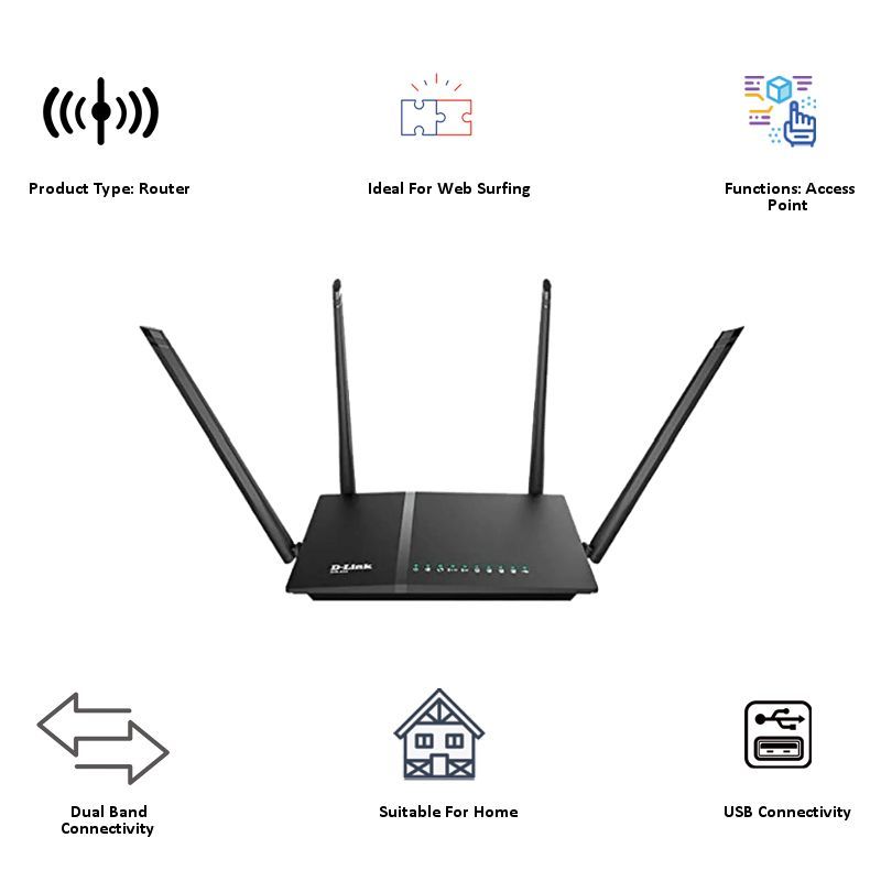 D-Link AC1200 Dual Band Wi-Fi 5 Router (4 Antennas, 4 LAN Ports, MU-MIMO, Black) D-Link AC1200 Dual Band Wi-Fi 5 Router (4 Antennas, 4 LAN Ports, MU-MIMO, Black)_4