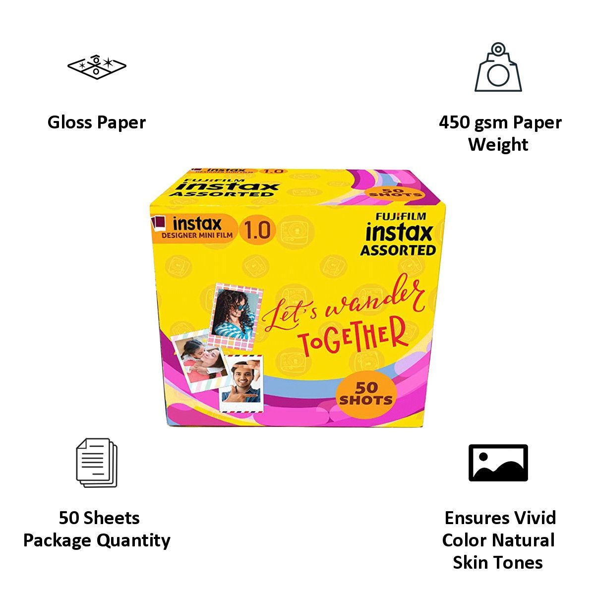 FUJIFILM Instax Mini Film Sheet (54 x 86 mm) Gloss Paper (50 Shots, 450gsm, IC0101, Designer Frame, Multicolour)_5