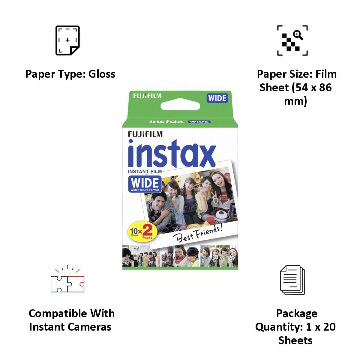 FUJIFILM Instax Wide Film Sheet (54 x 86 mm) Gloss Paper (20 Shots, 16385995, White)_3