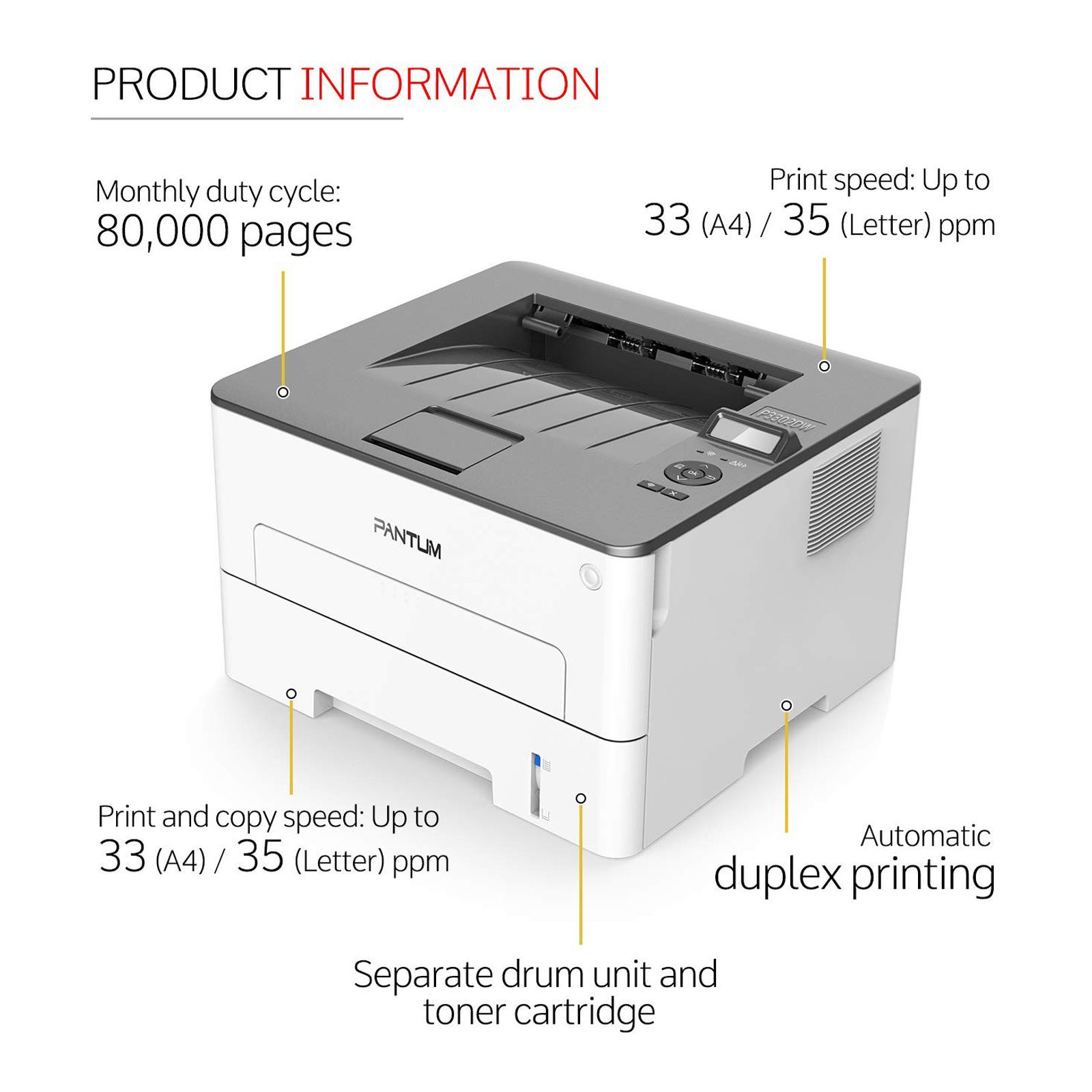 PANTUM Wireless Black & White Laserjet Printer (NFC Support, P3302DW, White) PANTUM Wireless Black & White Laserjet Printer (NFC Support, P3302DW, White)_5