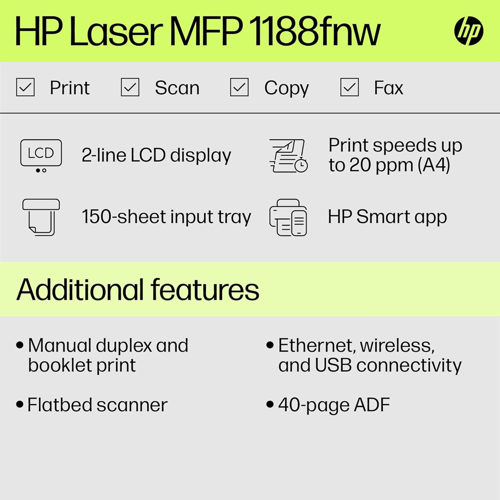 HP Laser MFP 1188FNW Multi Function Wi-Fi Monochrome Laser Printer with 2-Line LCD Display (4 LED Indicator Lights, White) HP Laser MFP 1188FNW Multi Function Wi-Fi Monochrome Laser Printer with 2-Line LCD Display (4 LED Indicator Lights, White)_9