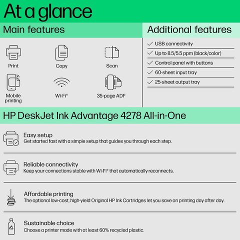 Buy HP DeskJet Ink Advantage 4278 All in One Wi-Fi Inkjet Printer with ...