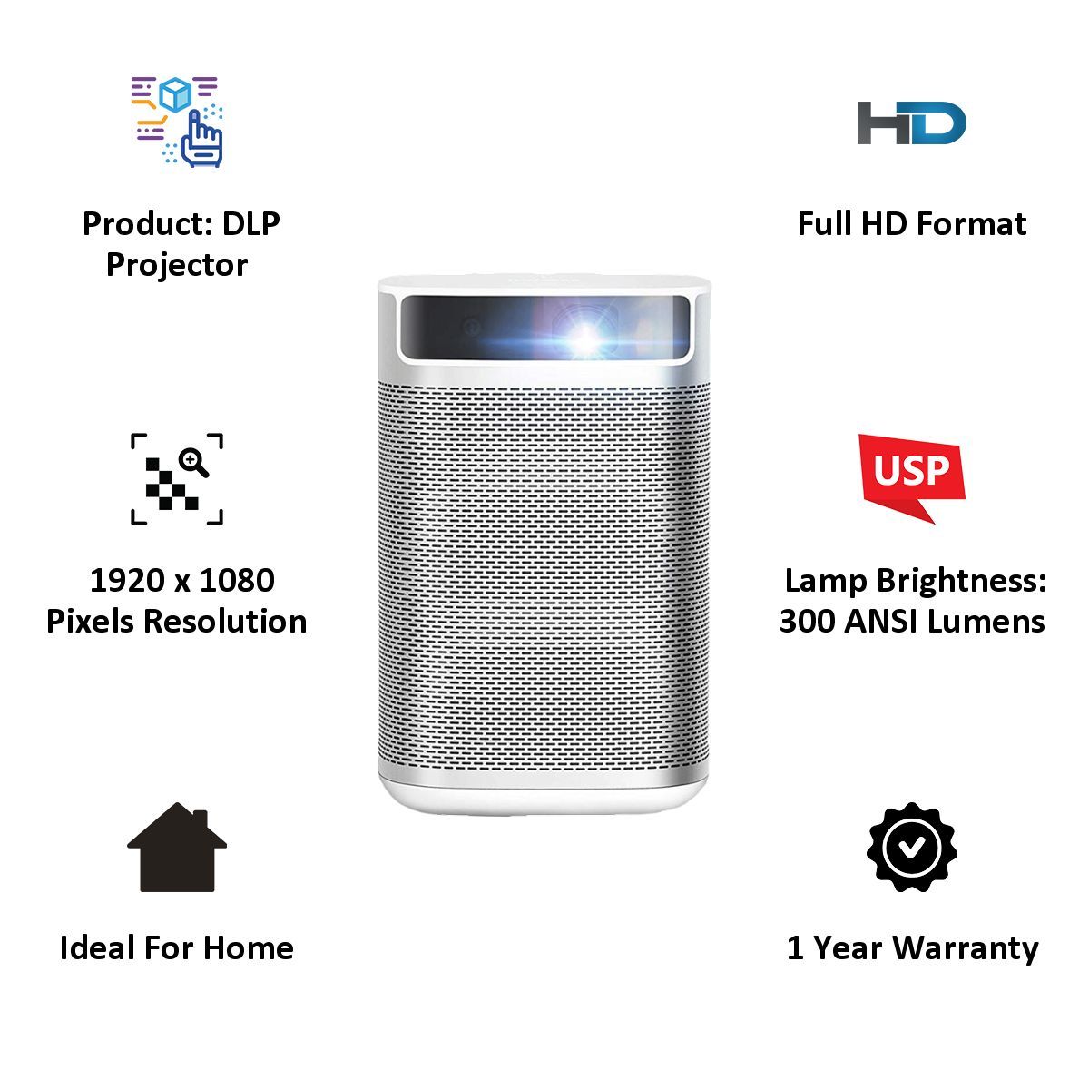 XGIMI MoGo Pro 1080p Smart Projector (DLP, 300 ANSI Lumens, Android TV 9.0 + Harman/Kardon Speakers, 30,000 Hours Lamp Life - Portable Projector with Google Assistant, White and Aluminium)_6