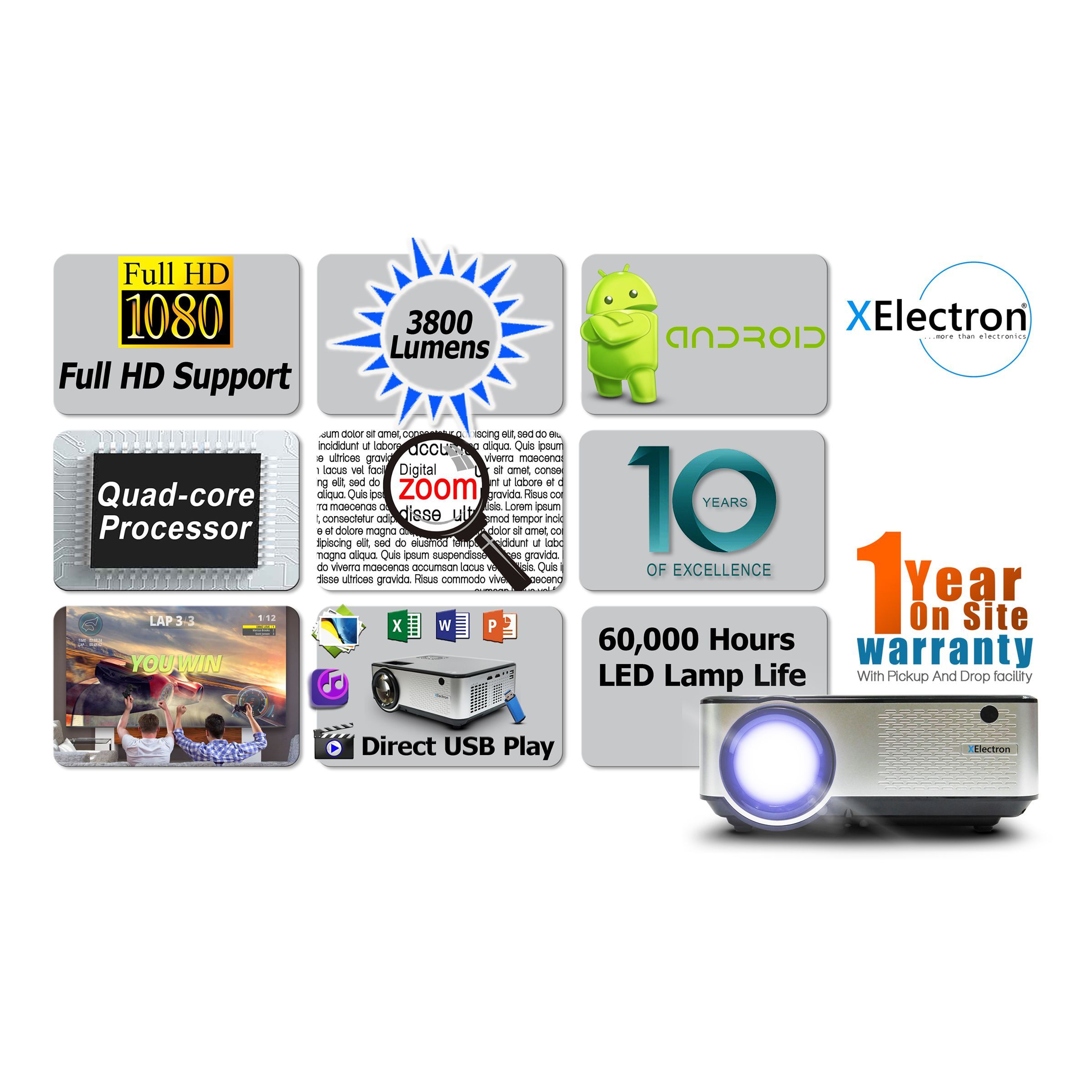 XElectron C9 Android Full HD LED Projector (3800 Lumens, USB + HDMI + AV + VGA Ports, Bluetooth Connectivity, White)_9