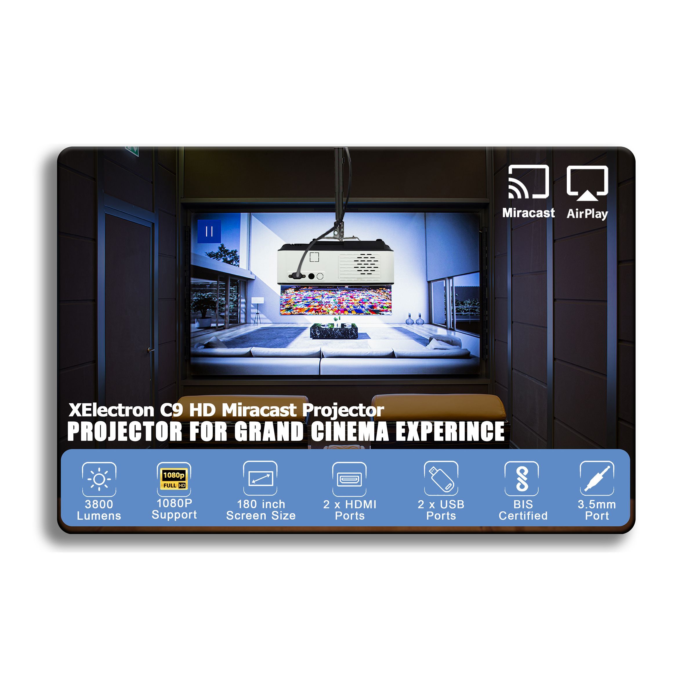 XElectron C9 Miracast Full HD LED Projector (3800 Lumens, USB + HDMI + AV + VGA Ports, 1080p Support, White) XElectron C9 Miracast Full HD LED Projector (3800 Lumens, USB + HDMI + AV + VGA Ports, 1080p Support, White)_7