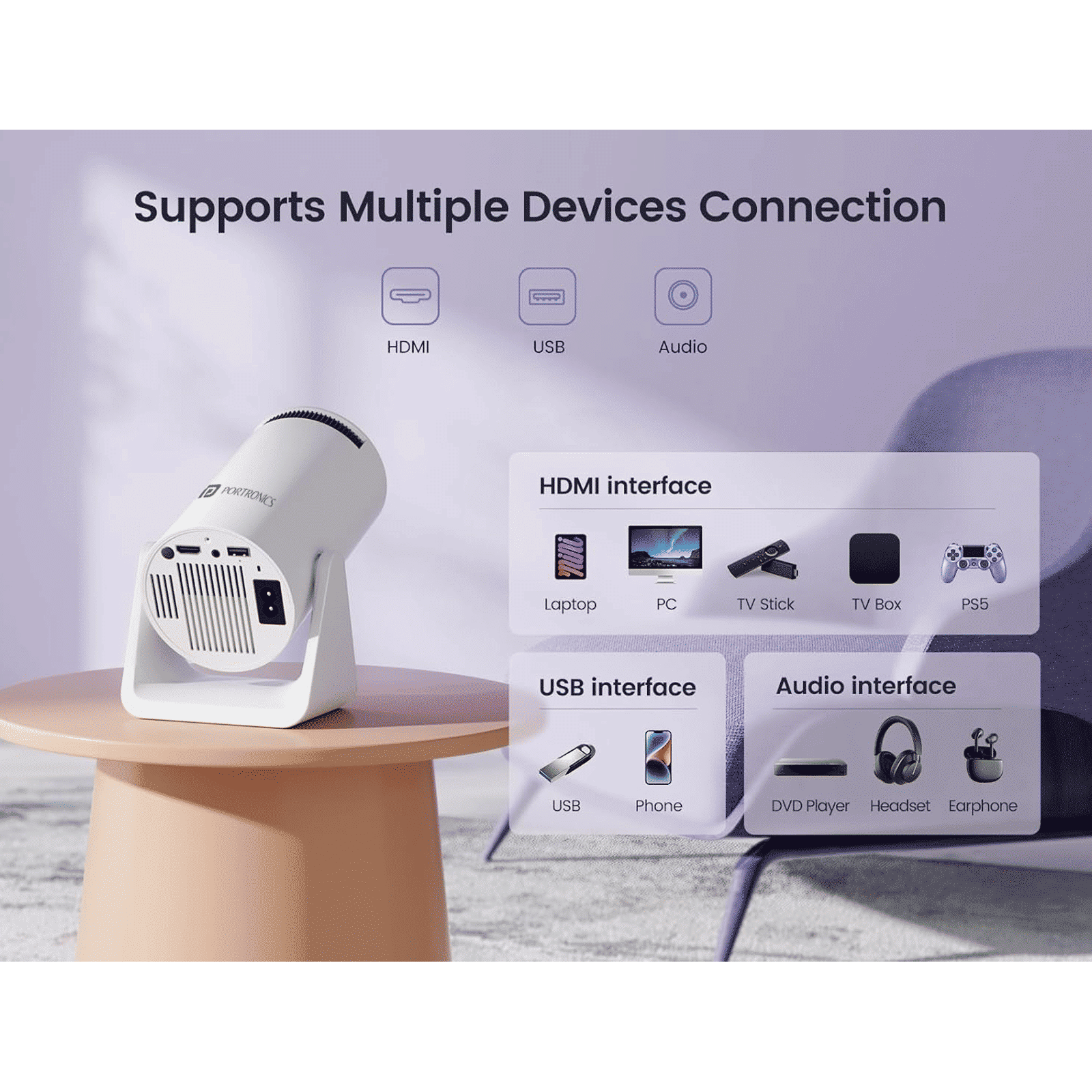 PORTRONICS Beem 440 HD Android 11 LED Smart Projector with Remote (1800 Lumens, Wi-Fi, Inbuilt OTT Apps, White) PORTRONICS Beem 440 HD Android 11 LED Smart Projector with Remote (1800 Lumens, Wi-Fi, Inbuilt OTT Apps, White)_7