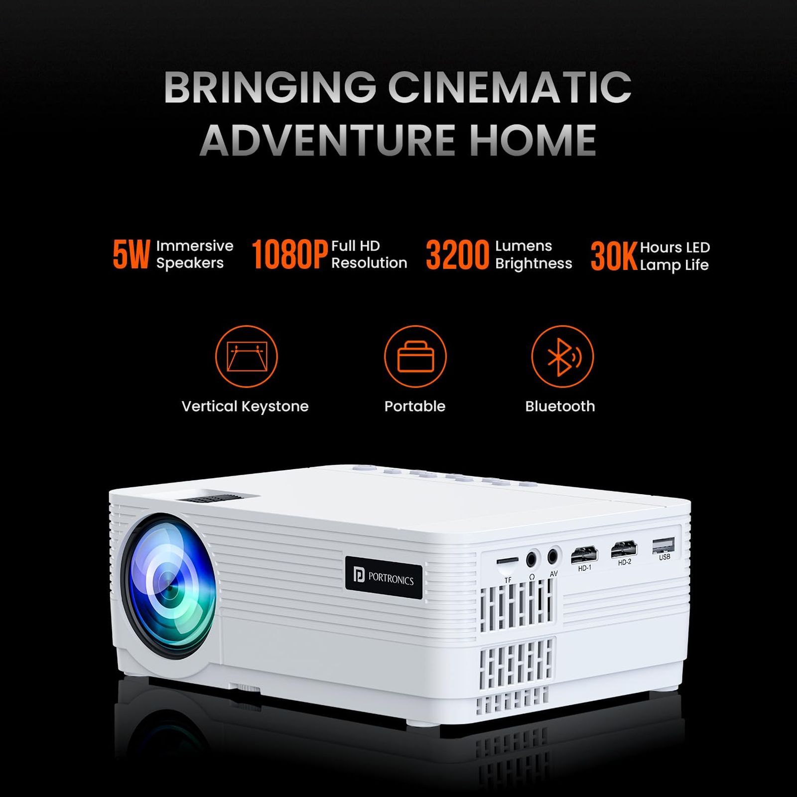 PORTRONICS Beem 420 Full HD LED Projector with Remote (3200 Lumens, Bluetooth, White)_3