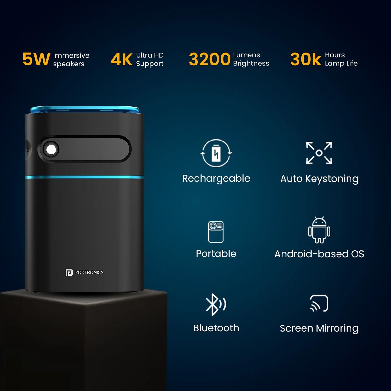 PORTRONICS Pico 12 Ultra HD 4K Android 11 DLP Smart Projector with Remote (3200 Lumens, Bluetooth, Inbuilt OTT Apps, Black)_3