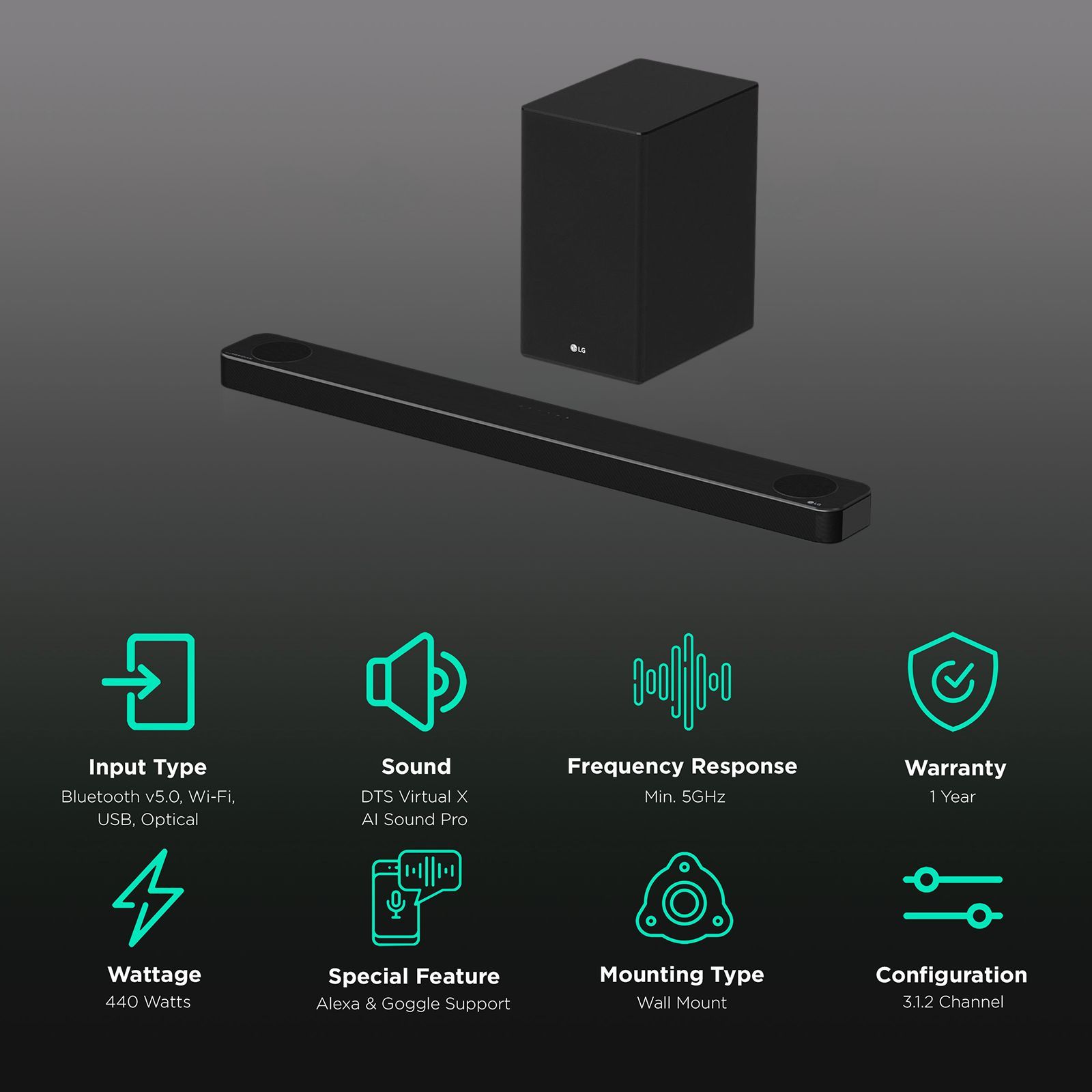 LG SP8A.DINDLLK 440W Bluetooth Soundbar with Remote (Dolby Atmos, 3.1.2 Channel, Black)_2