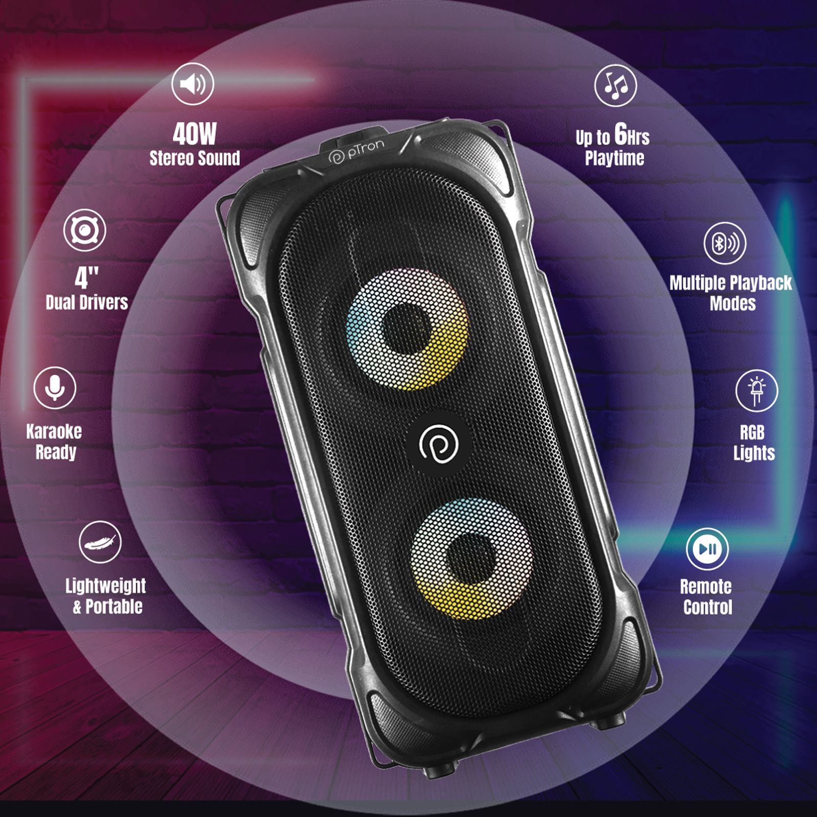 pTron Funk 40W Portable Bluetooth Party Speaker (LED Light Show, Black)_6