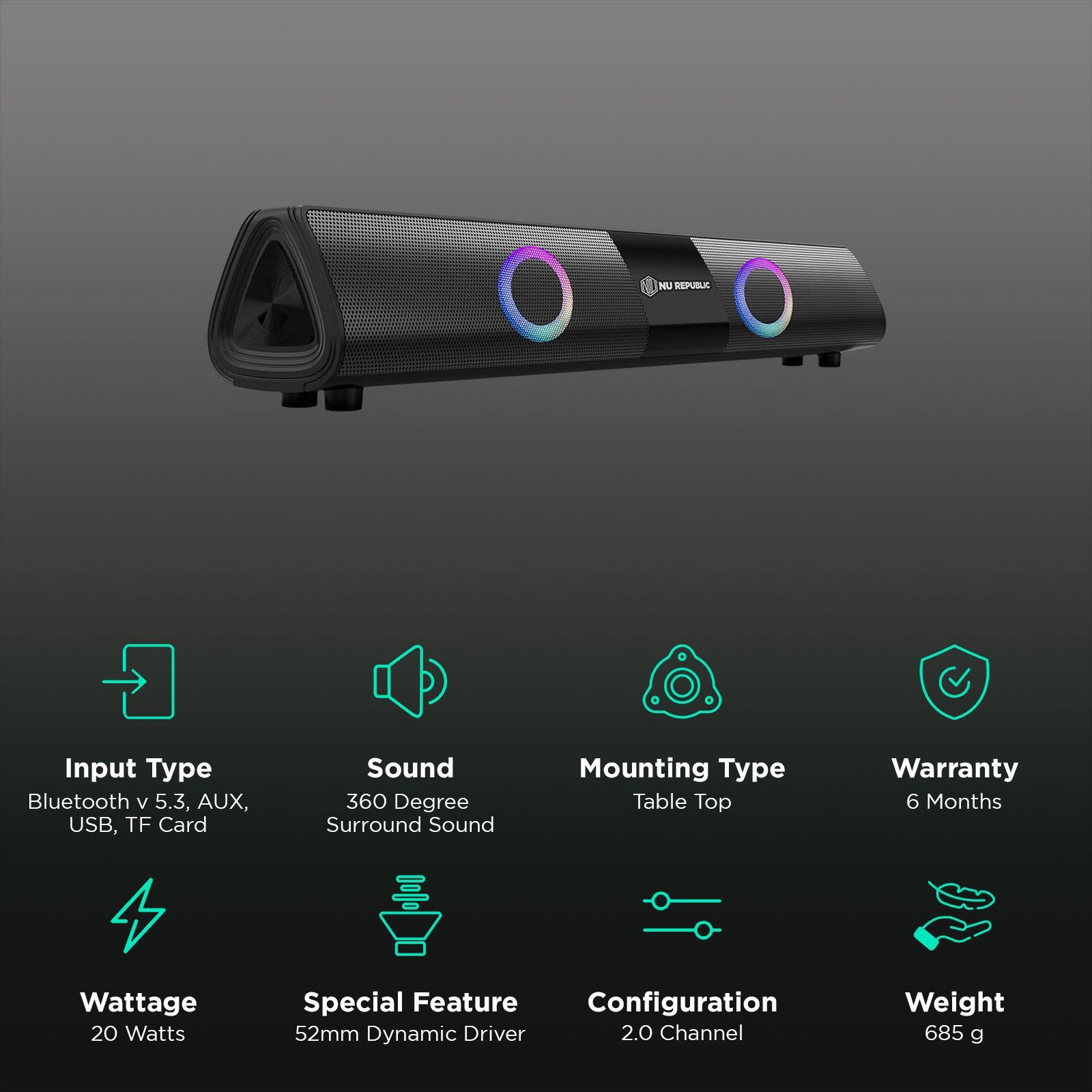 Nu Republic Party Box 20W Bluetooth Soundbar (360 Degree Surround Sound, 2.0 Channel, Black) Nu Republic Party Box 20W Bluetooth Soundbar (360 Degree Surround Sound, 2.0 Channel, Black)_2