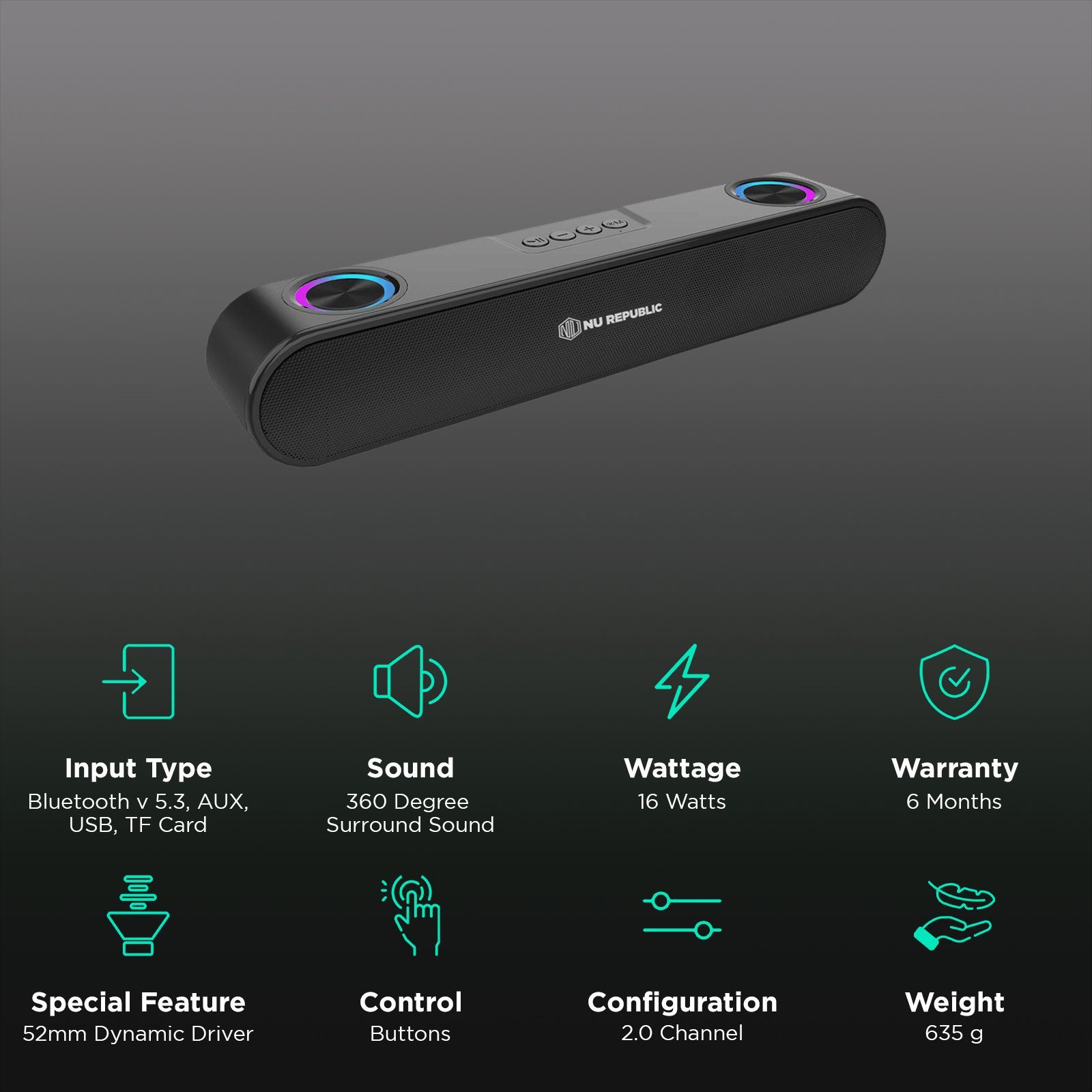 Nu Republic Party Box 16 16W Bluetooth Soundbar ( 360 Degree Surround Sound, 2.0 Channel, Black)_2