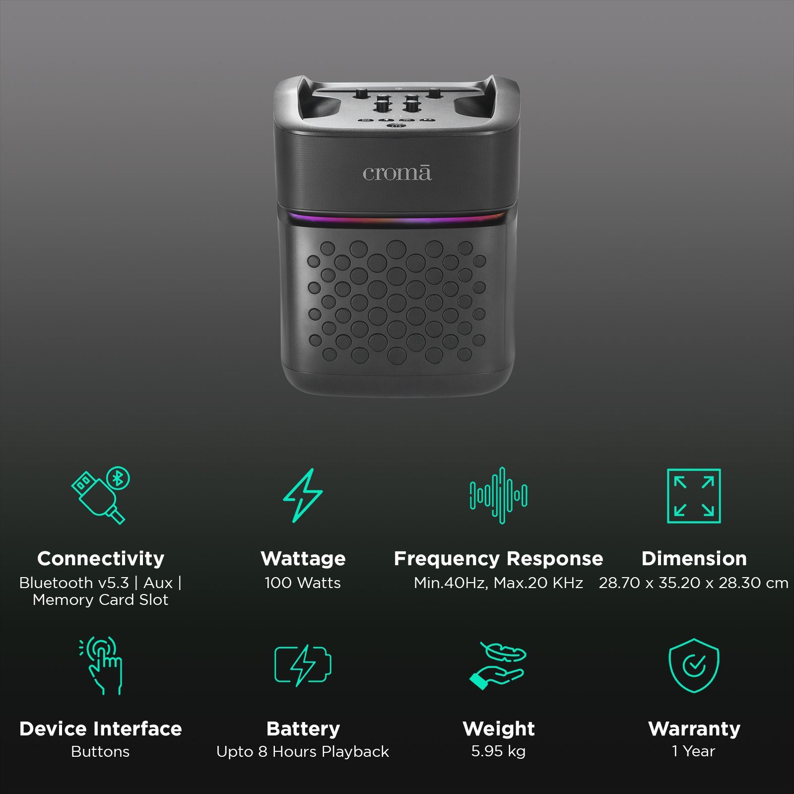 Croma 100W Bluetooth Party Speaker (RGB Party Lights, Black)_3