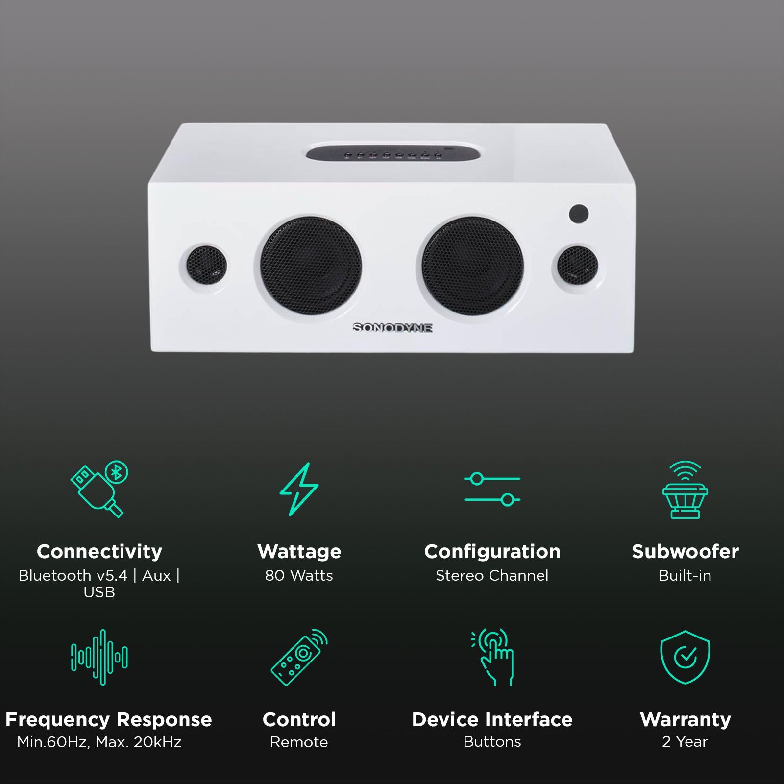 Sonodyne Alaap II 80W Bluetooth Speaker (Class D Amplifiers, Stereo Chanel, White)_3