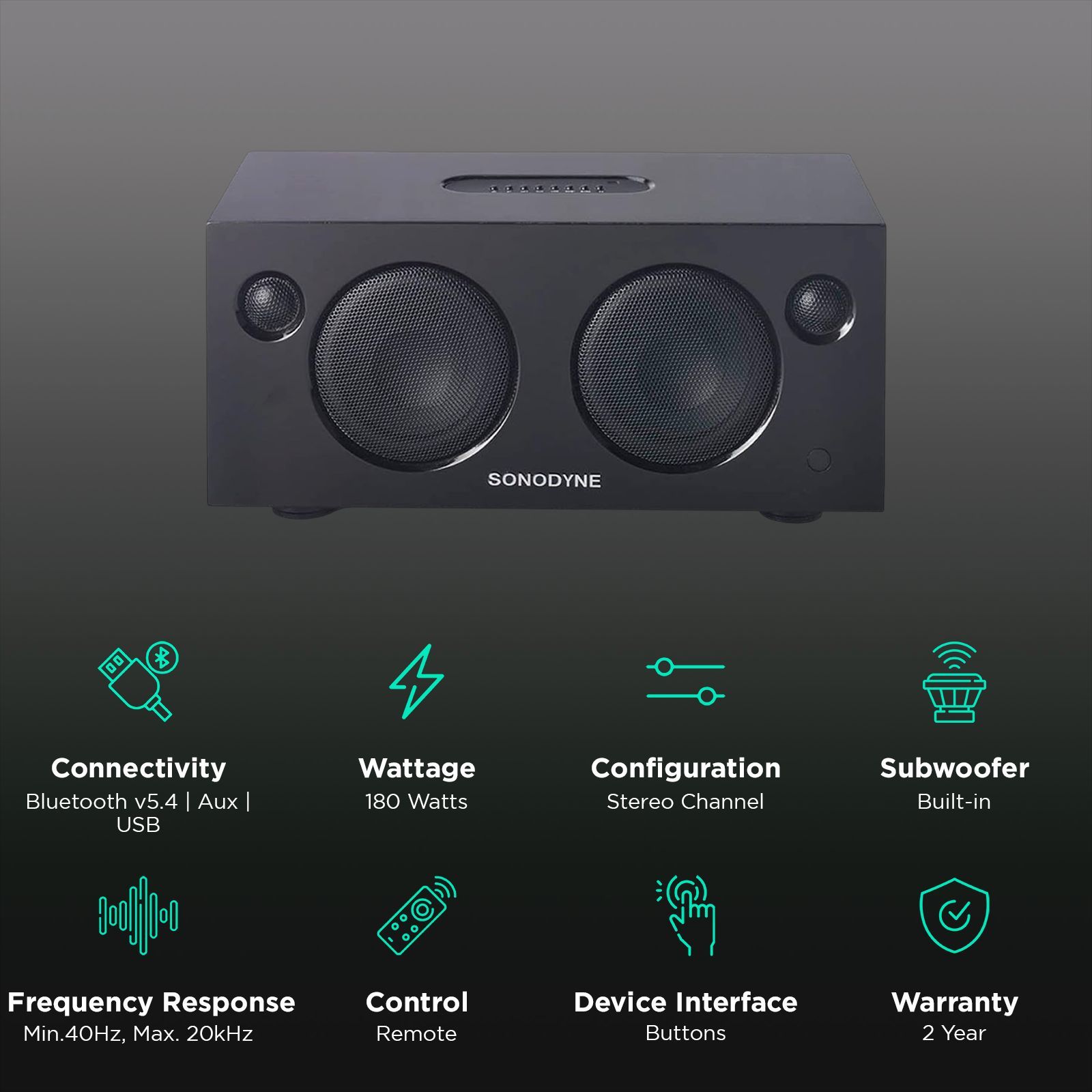 Sonodyne Malhar 180W Bluetooth Speaker (Class D Amplifiers, Stereo Chanel, Black)_3