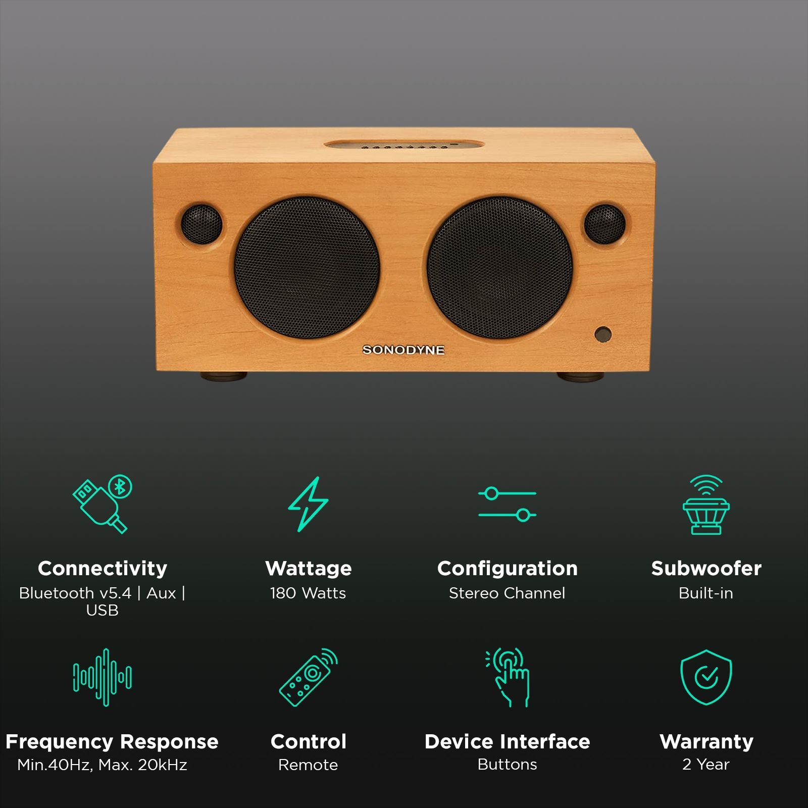 Sonodyne Malhar 180W Bluetooth Speaker (Class D Amplifiers, Stereo Chanel, Wood)_3