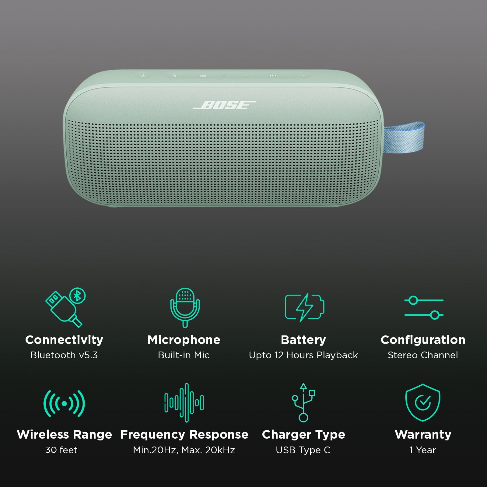 BOSE SoundLink Flex (2nd Gen) Portable Bluetooth Speaker (IP67 Water Resistant, PositionIQ Technology, Stereo Channel, Alpine Sage)_2