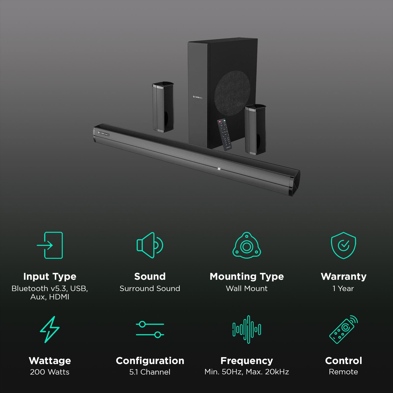 ZEBRONICS Zeb Juke Bar 7450 Pro 200W Bluetooth Soundbar with Remote (5.1 Channel, Black) ZEBRONICS Zeb Juke Bar 7450 Pro 200W Bluetooth Soundbar with Remote (5.1 Channel, Black)_2