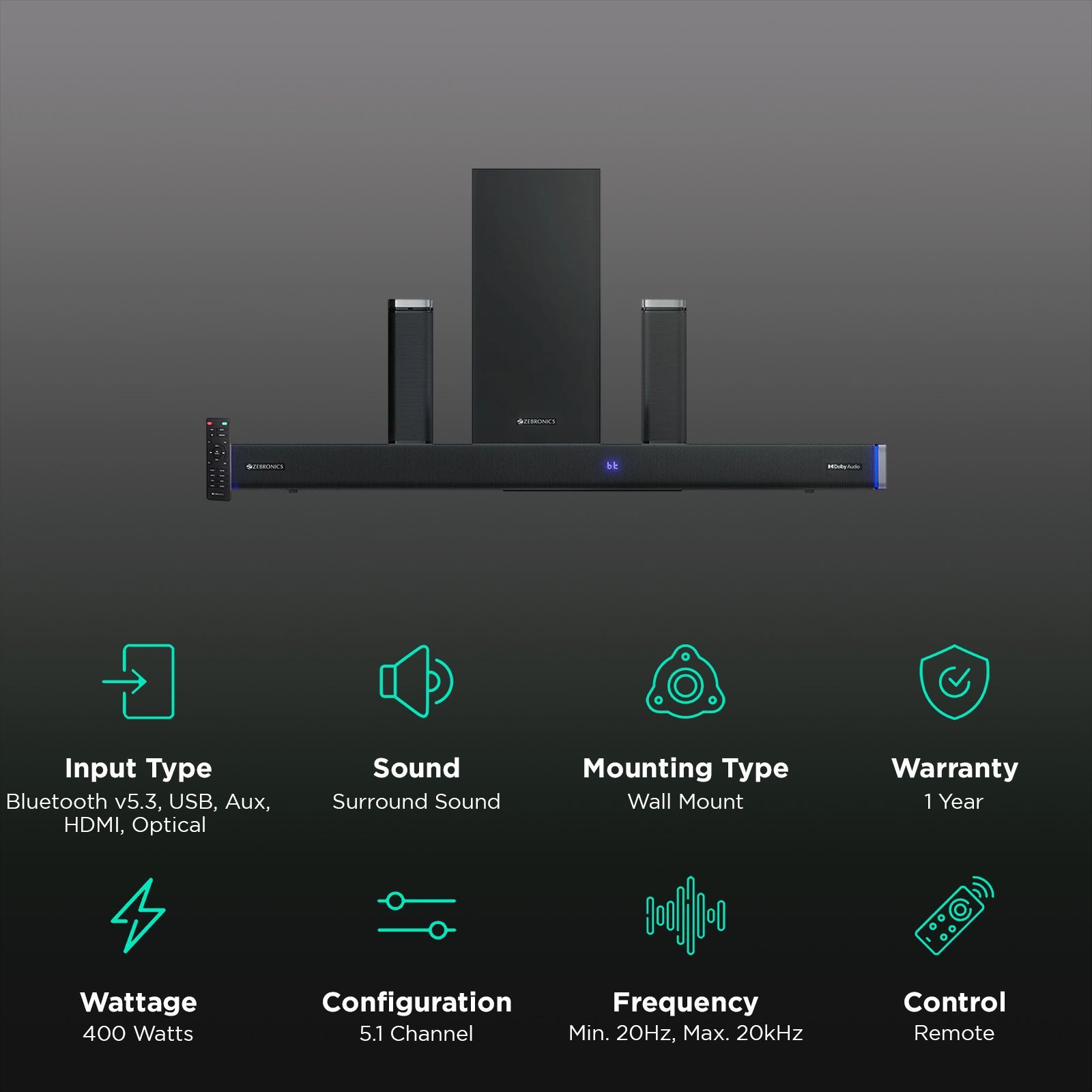 ZEBRONICS Zeb Juke Bar 9530 WS Pro 400W Bluetooth Soundbar with Remote (Dolby Audio, 5.1 Channel, Black)_2