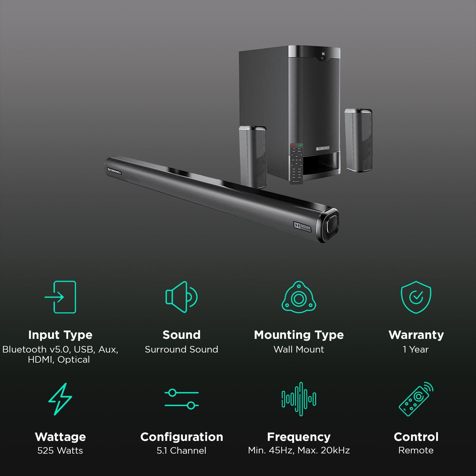 ZEBRONICS Zeb Juke Bar 9400 Pro 525W Bluetooth Soundbar with Remote (Dolby Digital Plus, 5.1 Channel, Black)_2