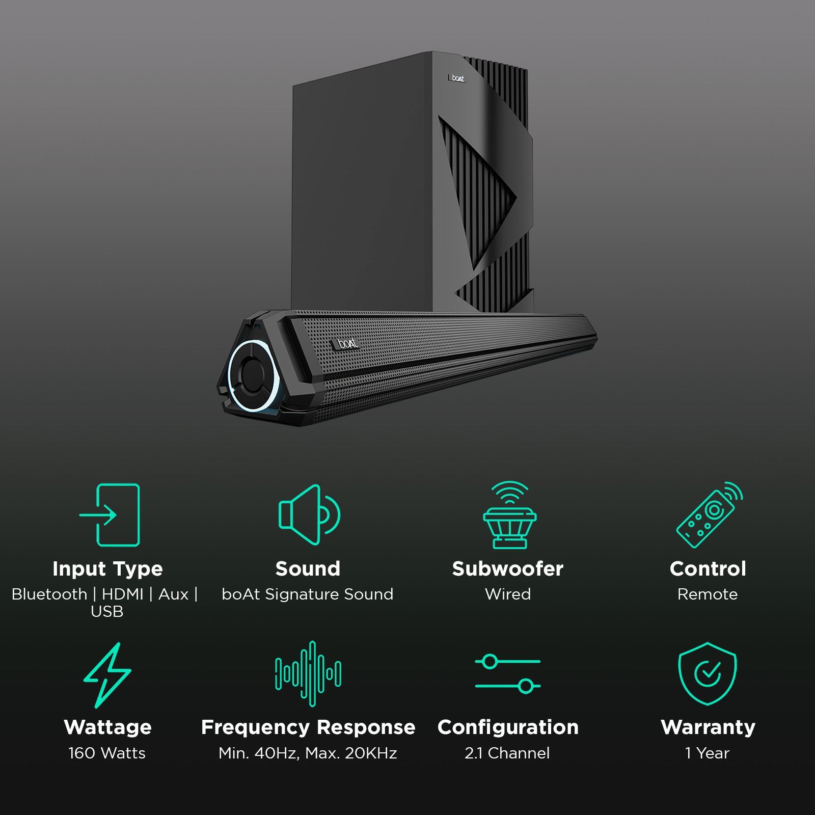 boAt Aavante Bar 1550 Pro 160W Bluetooth Soundbar with Remote (2.1 Channel, Pebble Black)_2