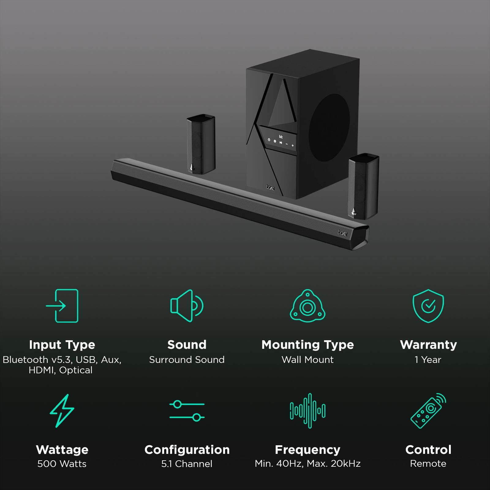 boAt Aavante Bar 3500 500W Bluetooth Soundbar with Remote (Surround Sound, 5.1 Channel, Premium Black)_2