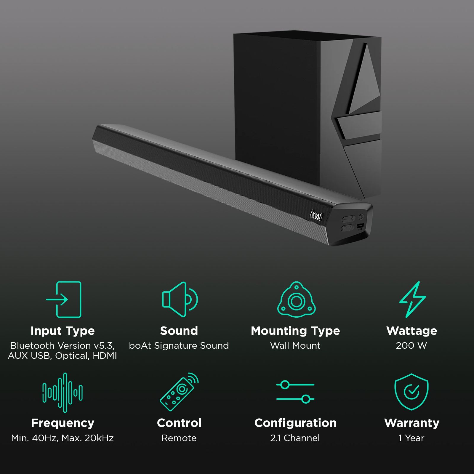 boAt Aavante Bar 2000 Pro 200W Bluetooth Soundbar with Remote (Surround Sound, 2.1 Channel, Premium Black)_2