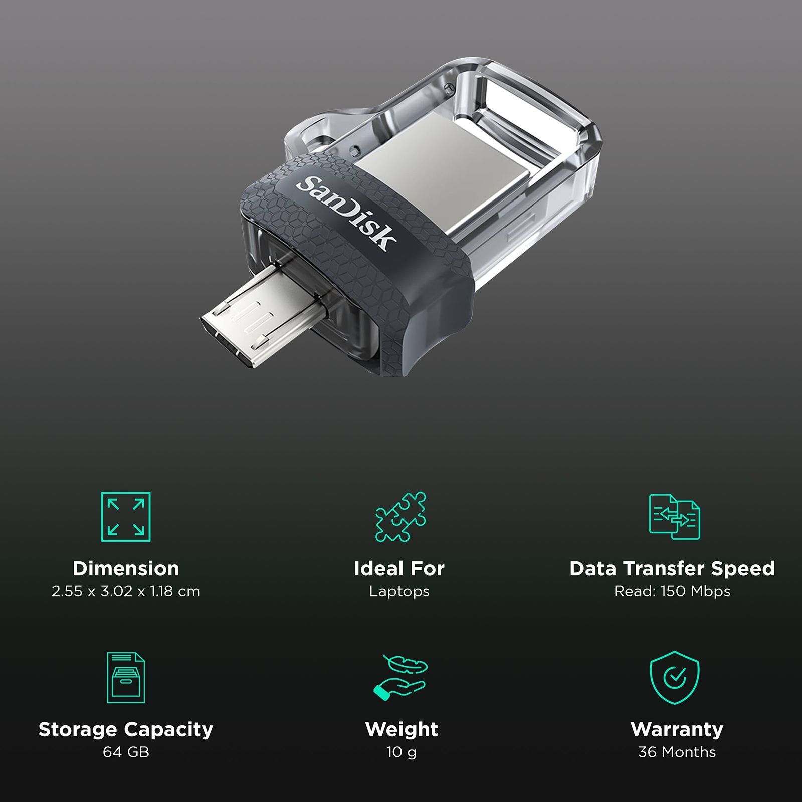 SanDisk Ultra Dual Drive m3.0 64GB Micro USB, USB (3.0) OTG Pen Drive (Retractable Design, Black & Gray) SanDisk Ultra Dual Drive m3.0 64GB Micro USB, USB (3.0) OTG Pen Drive (Retractable Design, Black & Gray)_3