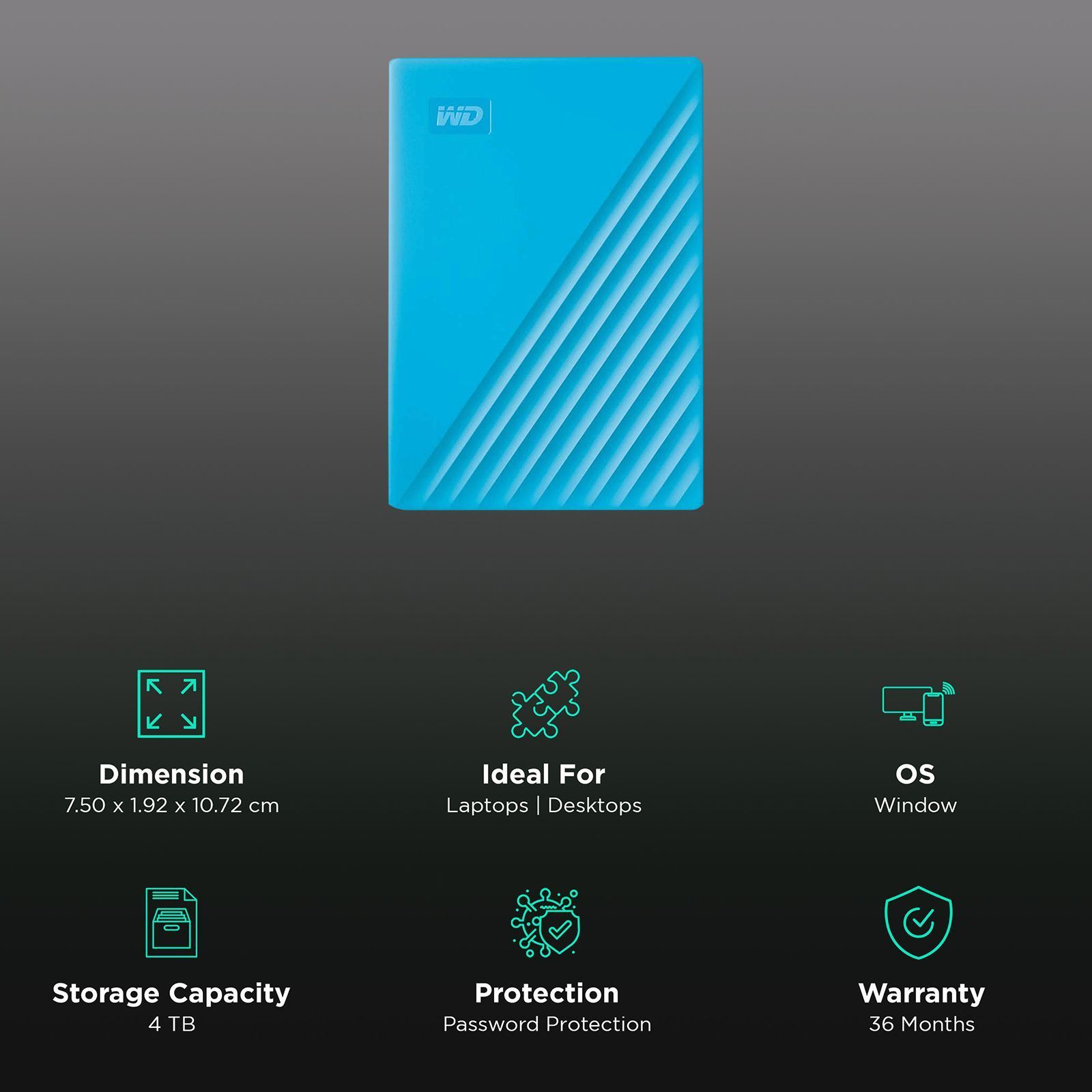 Western Digital My Passport 4TB USB (3.2) Portable Hard Disk Drive (Password Protection, Sky) Western Digital My Passport 4TB USB (3.2) Portable Hard Disk Drive (Password Protection, Sky)_3