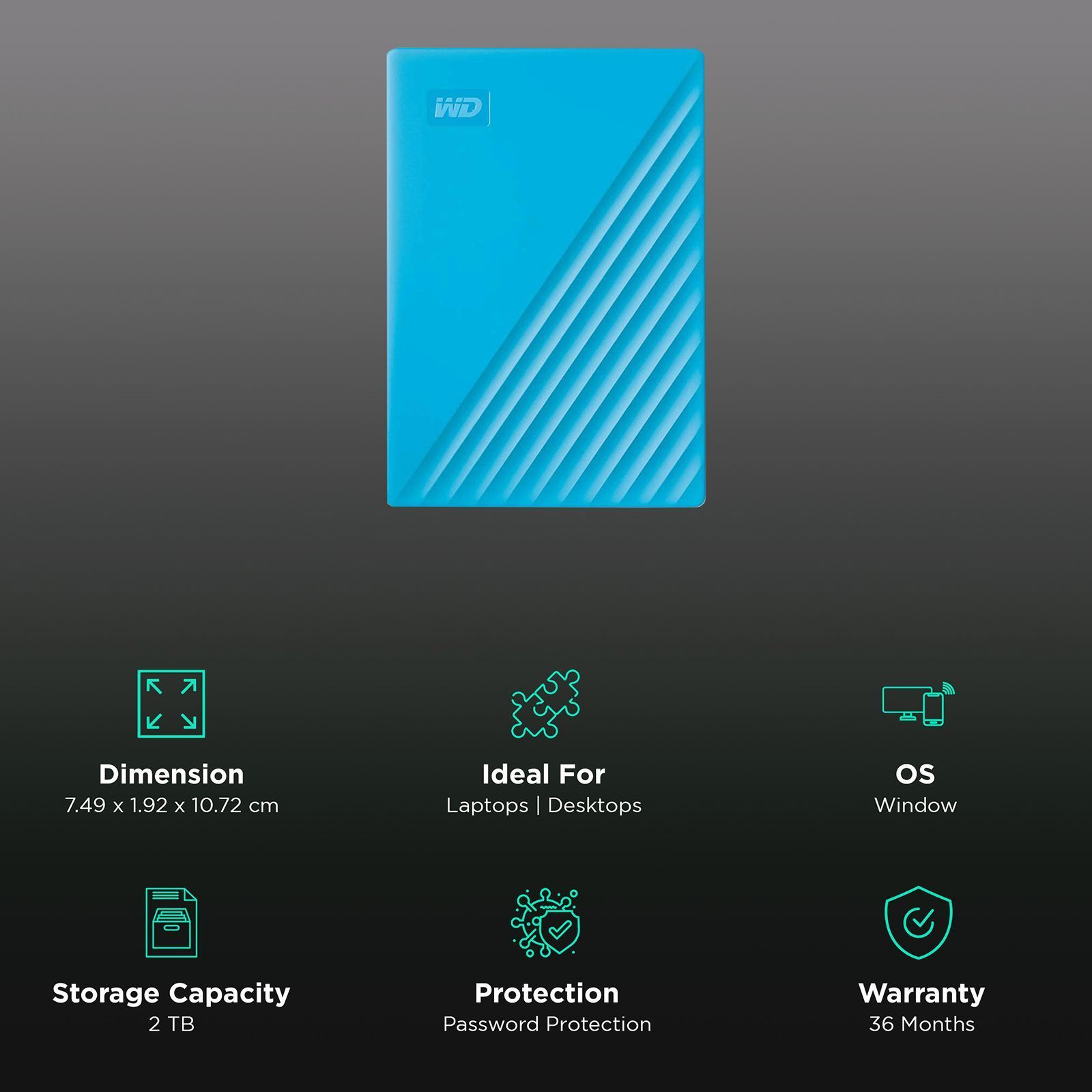 Western Digital My Passport 2TB USB (3.2) Portable Hard Disk Drive (Automatic Backup, Sky)_3