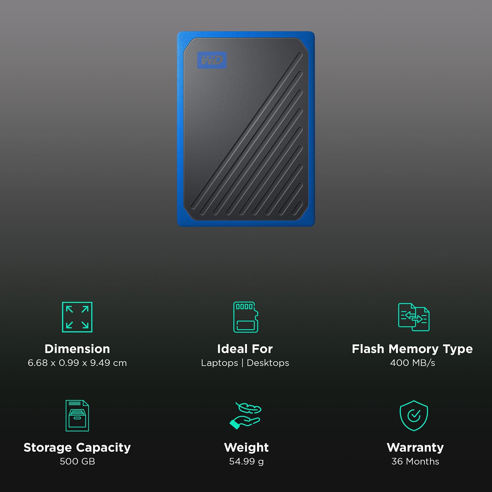 Western Digital My Passport Go 500GB USB 3.0 Solid State Drive (Compact and Integrated, WDBMCG5000ABT-WESN, Black/Cobalt Trim) Western Digital My Passport Go 500GB USB 3.0 Solid State Drive (Compact and Integrated, WDBMCG5000ABT-WESN, Black/Cobalt Trim)_3