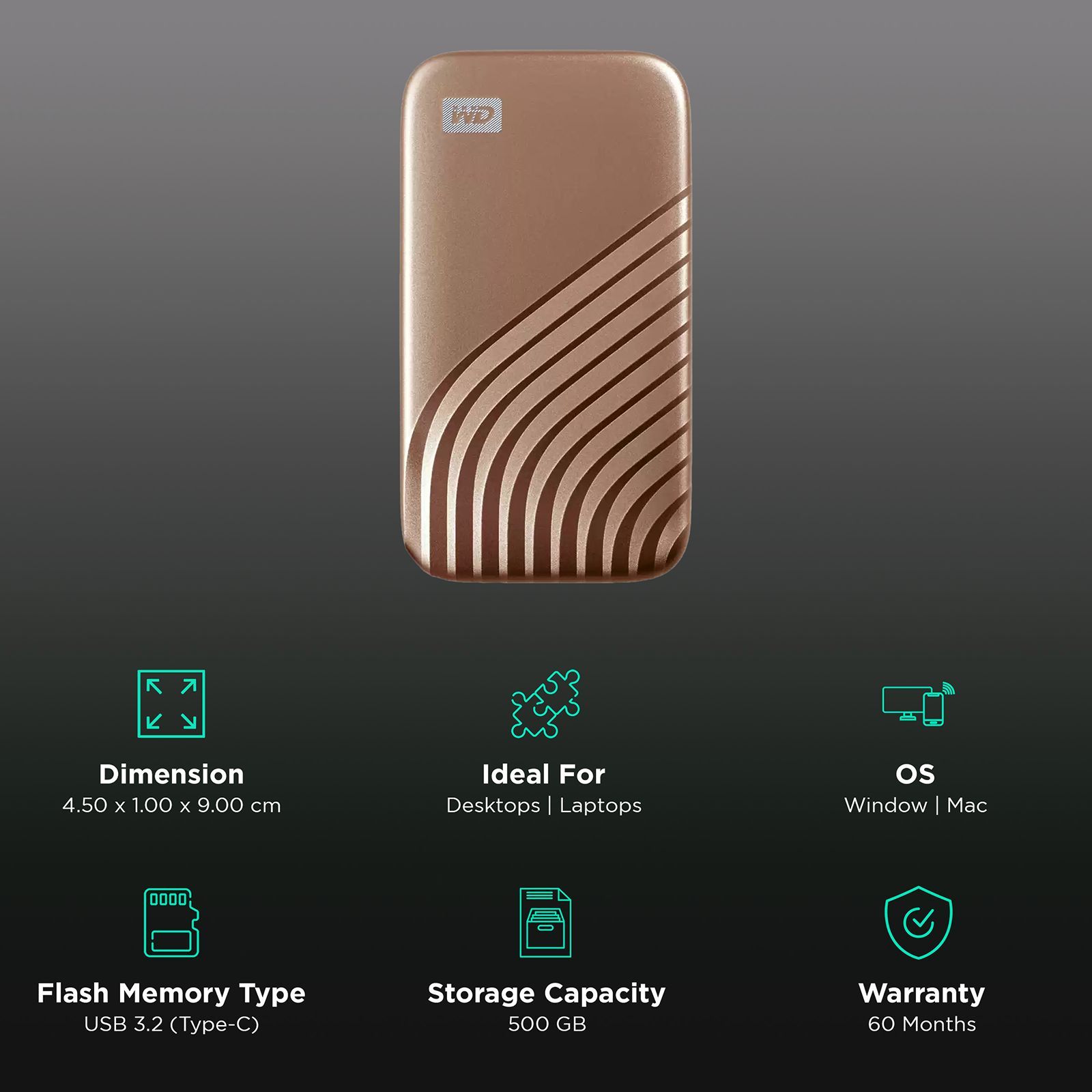 Western Digital My Passport 500GB USB Type-C (3.2) Portable Solid State Drive (Password Protection, Gold)_3