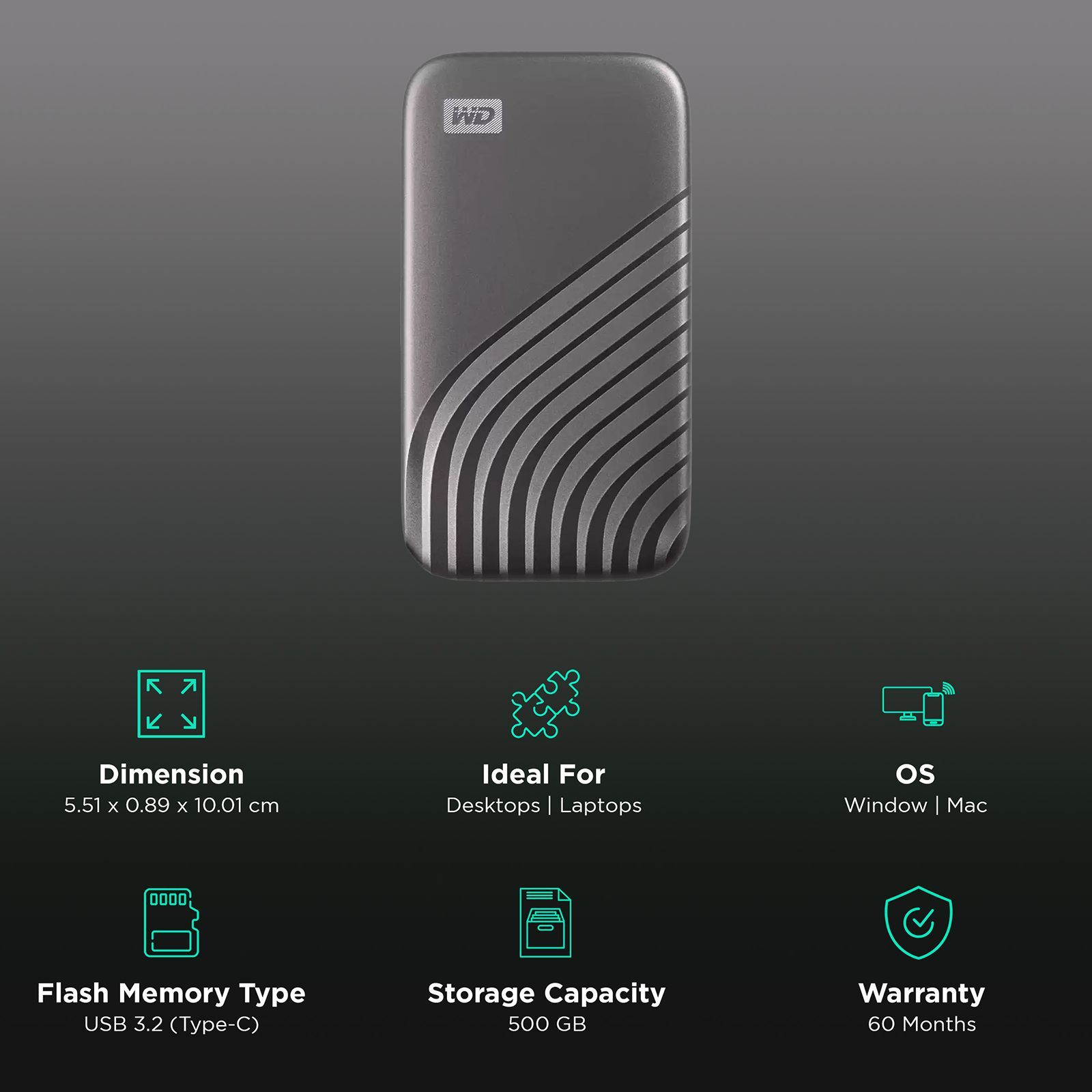 Western Digital My Passport 500GB USB Type-C (3.2) Portable Solid State Drive (Password Protection, Space Grey)_3