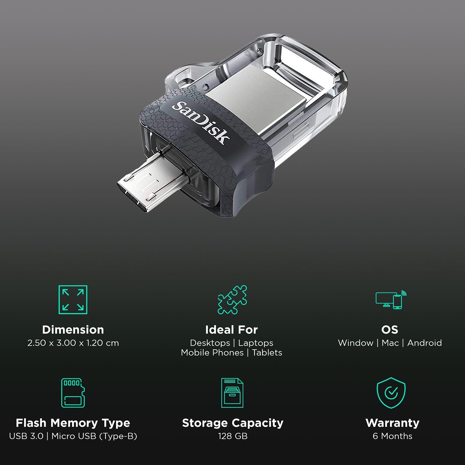 SanDisk Ultra Dual Drive m3.0 128GB Micro USB, USB (3.0) OTG Pen Drive (Retractable Design, Black & Gray) SanDisk Ultra Dual Drive m3.0 128GB Micro USB, USB (3.0) OTG Pen Drive (Retractable Design, Black & Gray)_3