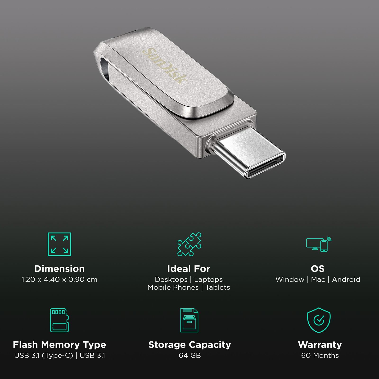 SanDisk Ultra Dual Drive Luxe 64GB USB Type A (3.2), USB Type C (3.2) OTG Pen Drive (Swivel Design to Protect Connectors, Silver) SanDisk Ultra Dual Drive Luxe 64GB USB Type A (3.2), USB Type C (3.2) OTG Pen Drive (Swivel Design to Protect Connectors, Silver)_3