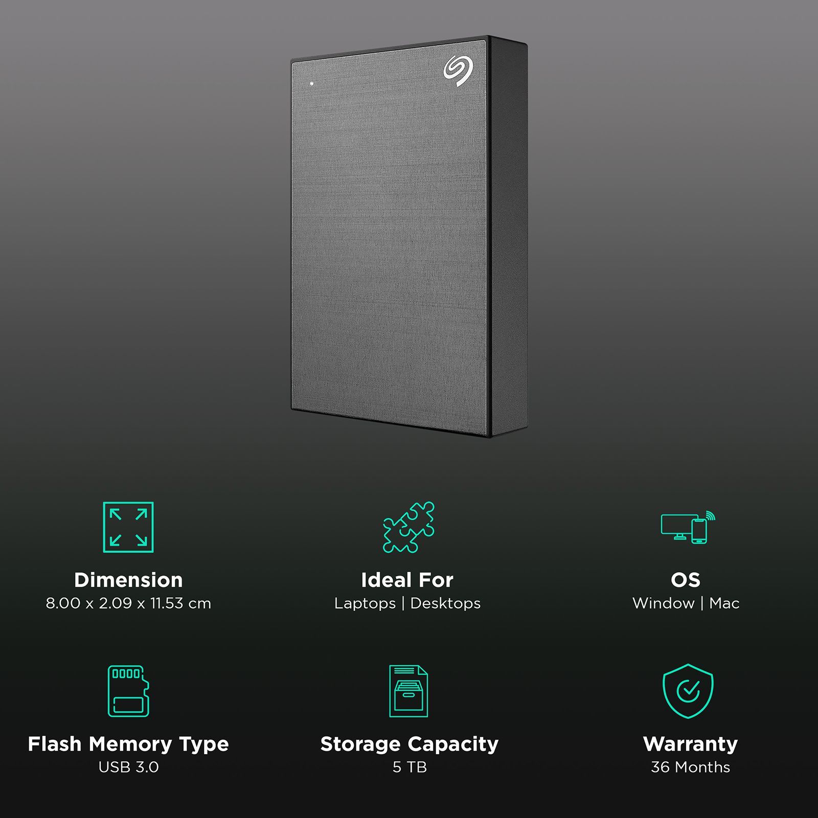 SEAGATE One Touch 5TB USB (3.0) Portable Hard Disk Drive (Rescue Data Recovery Services, Space Gray)_3