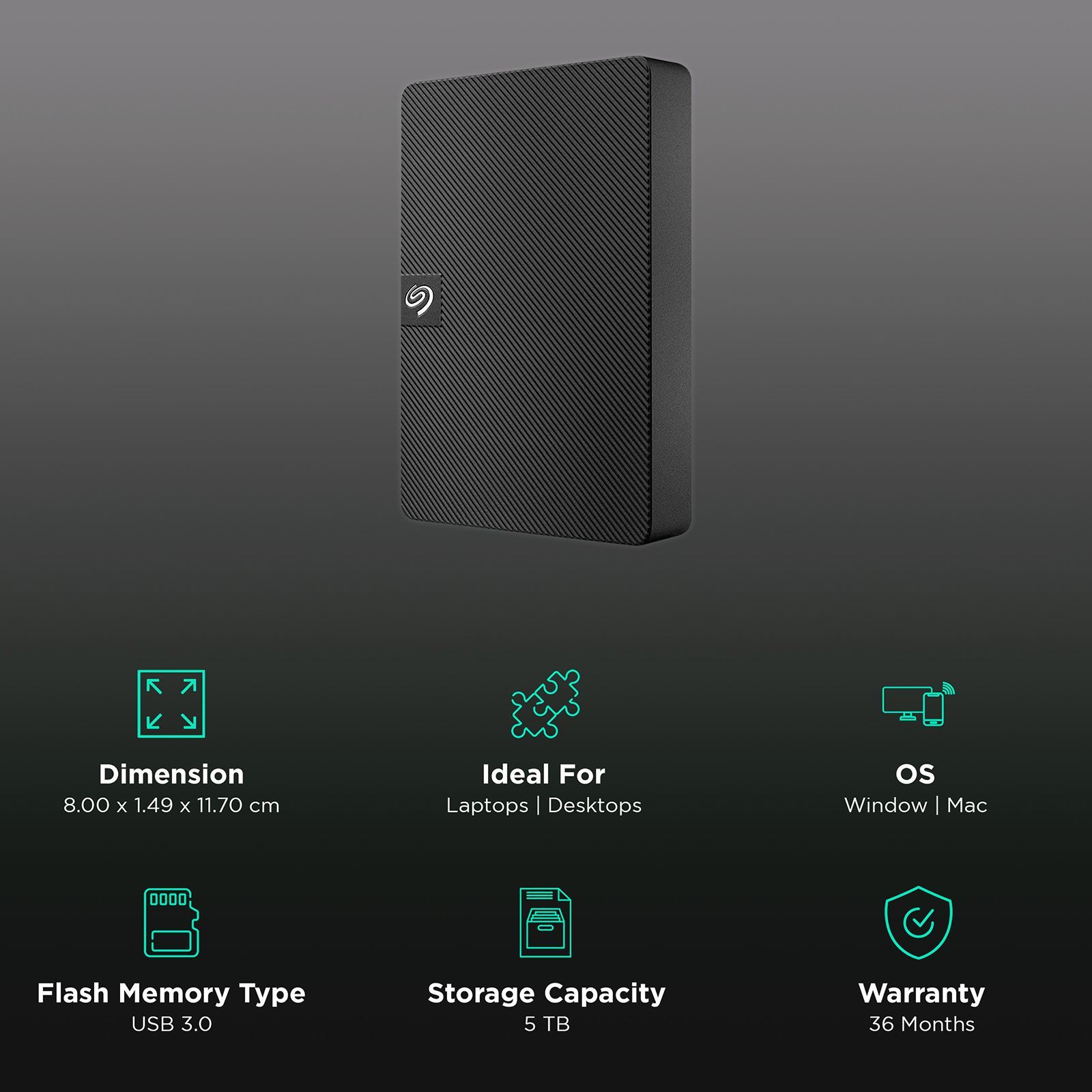 SEAGATE Expansion 5TB USB 3.0 Hard Disk Drive (Portable Design, STKM5000400, Black) SEAGATE Expansion 5TB USB 3.0 Hard Disk Drive (Portable Design, STKM5000400, Black)_3