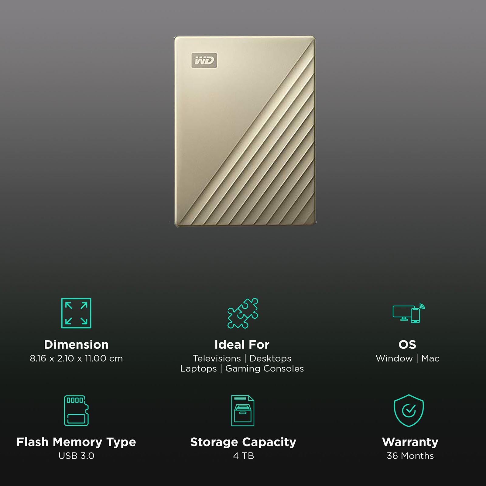 Western Digital My Passport Ultra 4TB USB (3.0) Portable Hard Disk Drive (Automatic Backup, Gold)_3