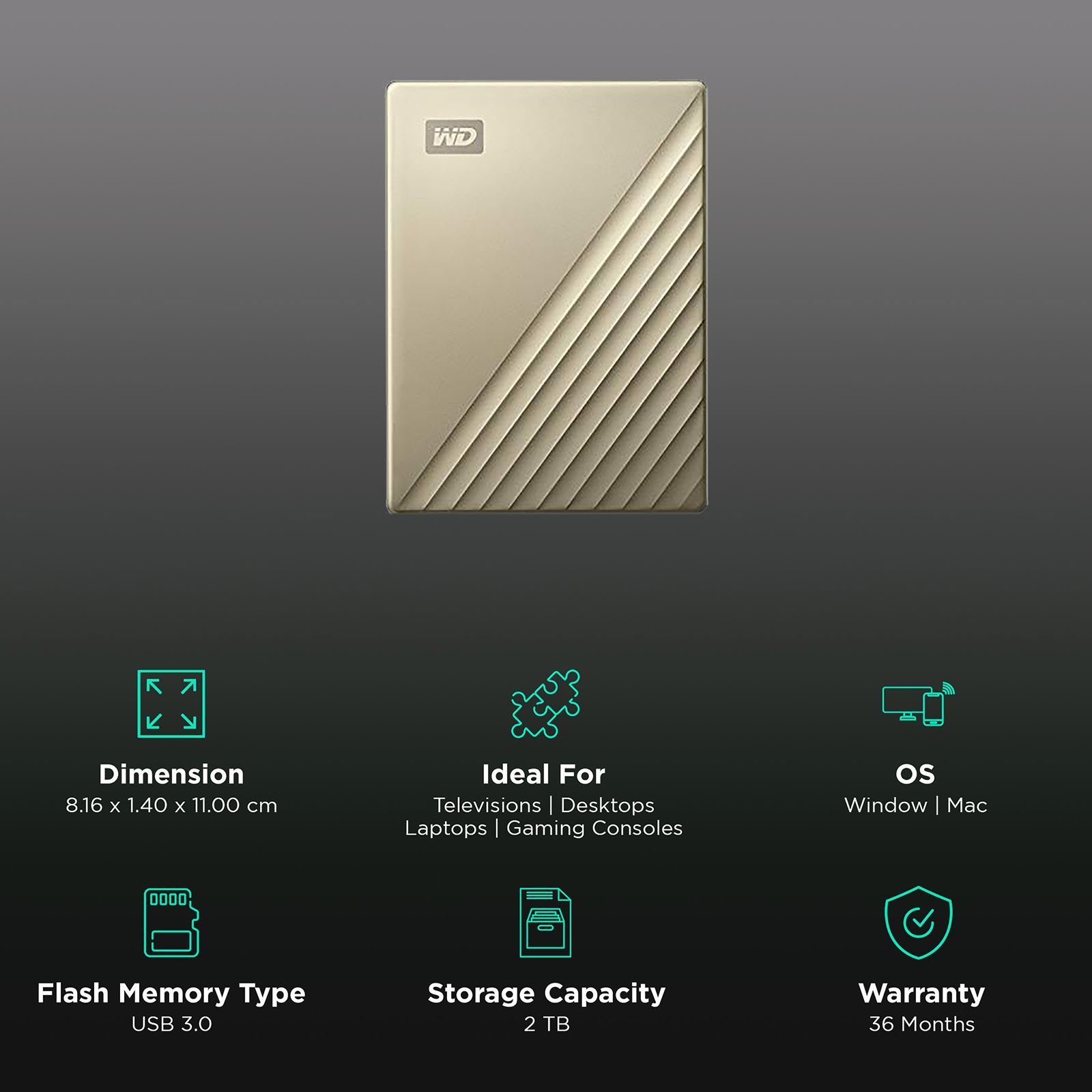 Western Digital My Passport Ultra 2 TB USB 2.0/3.0 Hard Disk Drive (Automatic Backup, WDBC3C0020BGD-WESN, Gold)_3