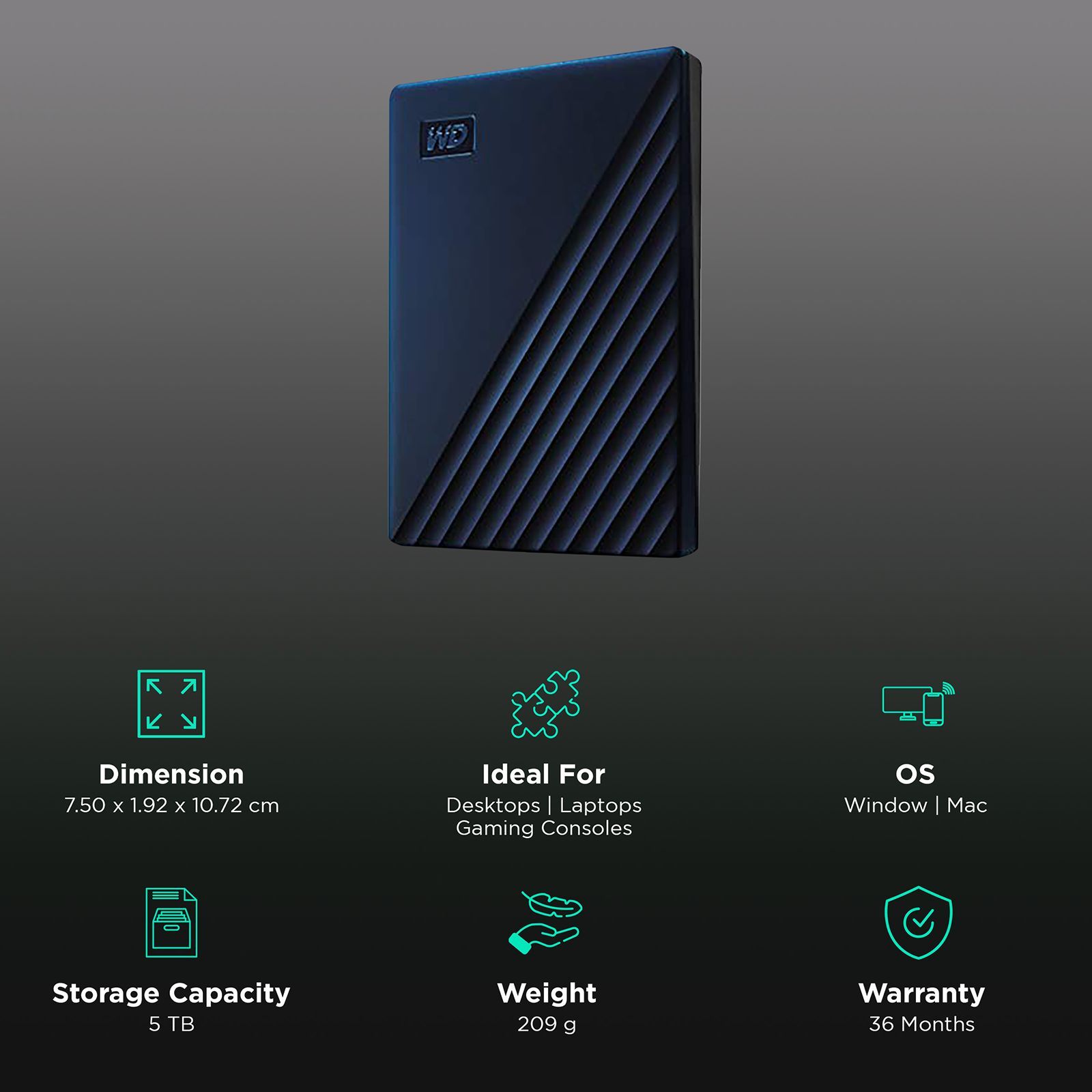 Western Digital My Passport for Mac 5TB USB (3.0) Portable Hard Disk Drive (Password Protection, Blue)_3